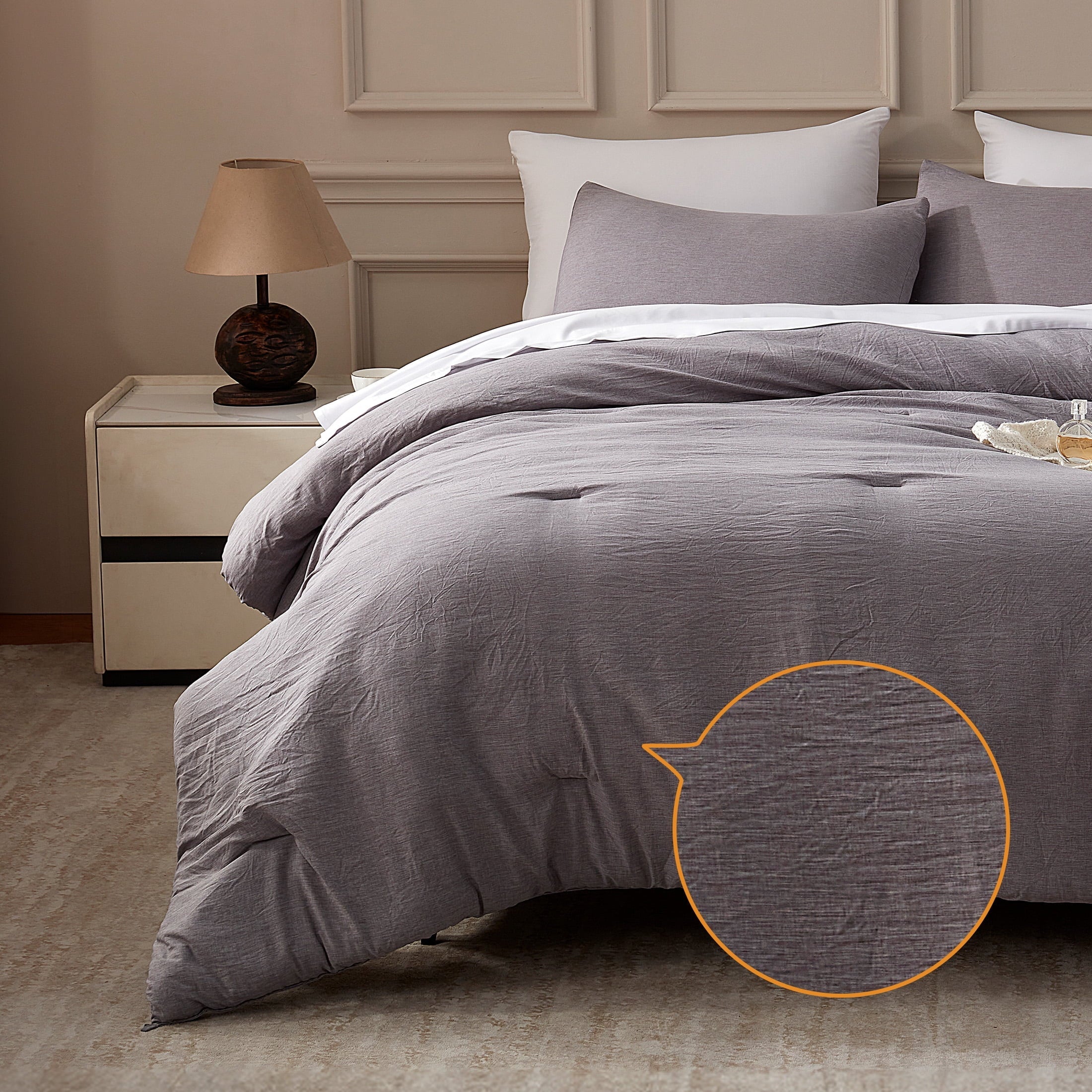 Heavyweight Warmth Washed Comforter Set Full Size - 3 Pieces Soft Luxury Cationic Dyeing Bedding Sets, Linen-Like Texture Breathable Wri... - All-Season Down Alternative Comforter Insert Detail