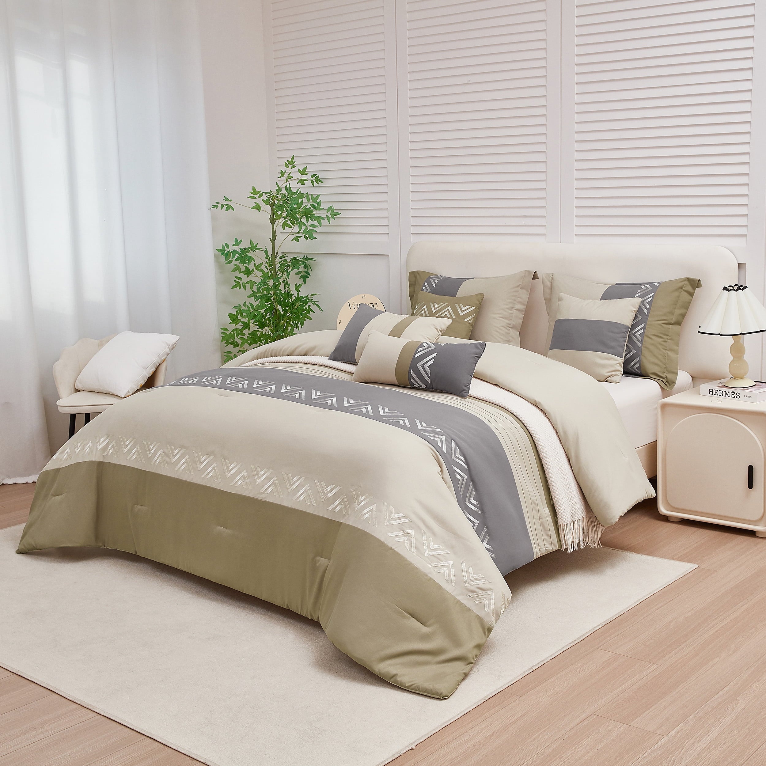 All-Season 7 Piece Embroidery Design Bed-in-a-Bag, Taupe Queen Size Ultra Soft Comforter Set for Adults - Luxurious Quilted Duvet Cover Set Detail