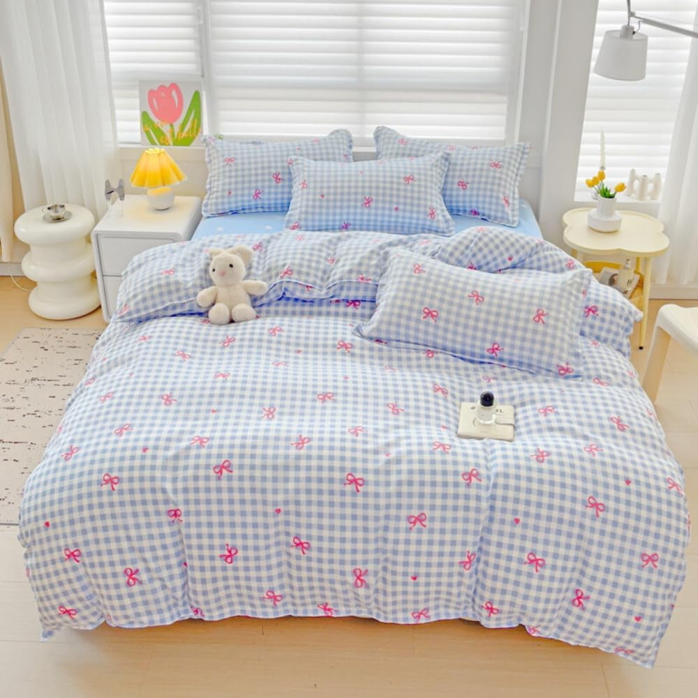 Hypoallergenic Cloud 3-Piece Blue Plaid Pink Bows Comforter Full Set , Cute Soft Bedding Set for Kids Adults - Hypoallergenic Ultra-Fluffy Quilt for Winter Detail
