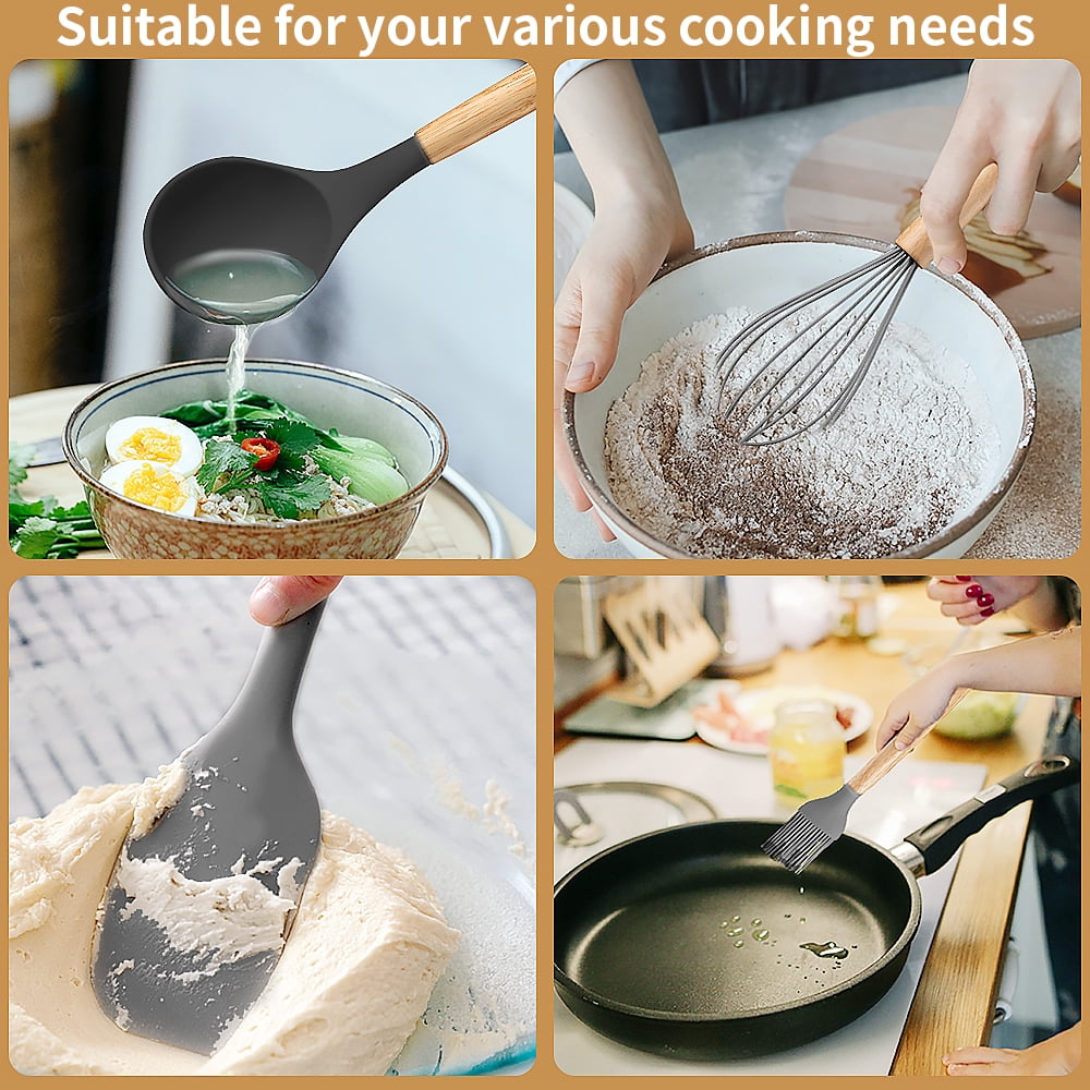 Heat-Resistant Silicone Wooden Heat Resistant Kitchen Utensil Set, 12 pcs - Ergonomic Kitchen Tongs and Cooking Spoon Utensil Detail