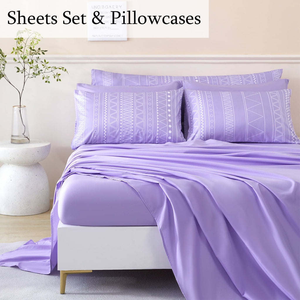 All-Season 8-Pieces Boho Bedding Set Full Lavender Striped Bed in a Bag for Girls Women Soft Fluffy Purple Comforter Set with Sh... - All-Season Down Alternative Comforter Insert Detail