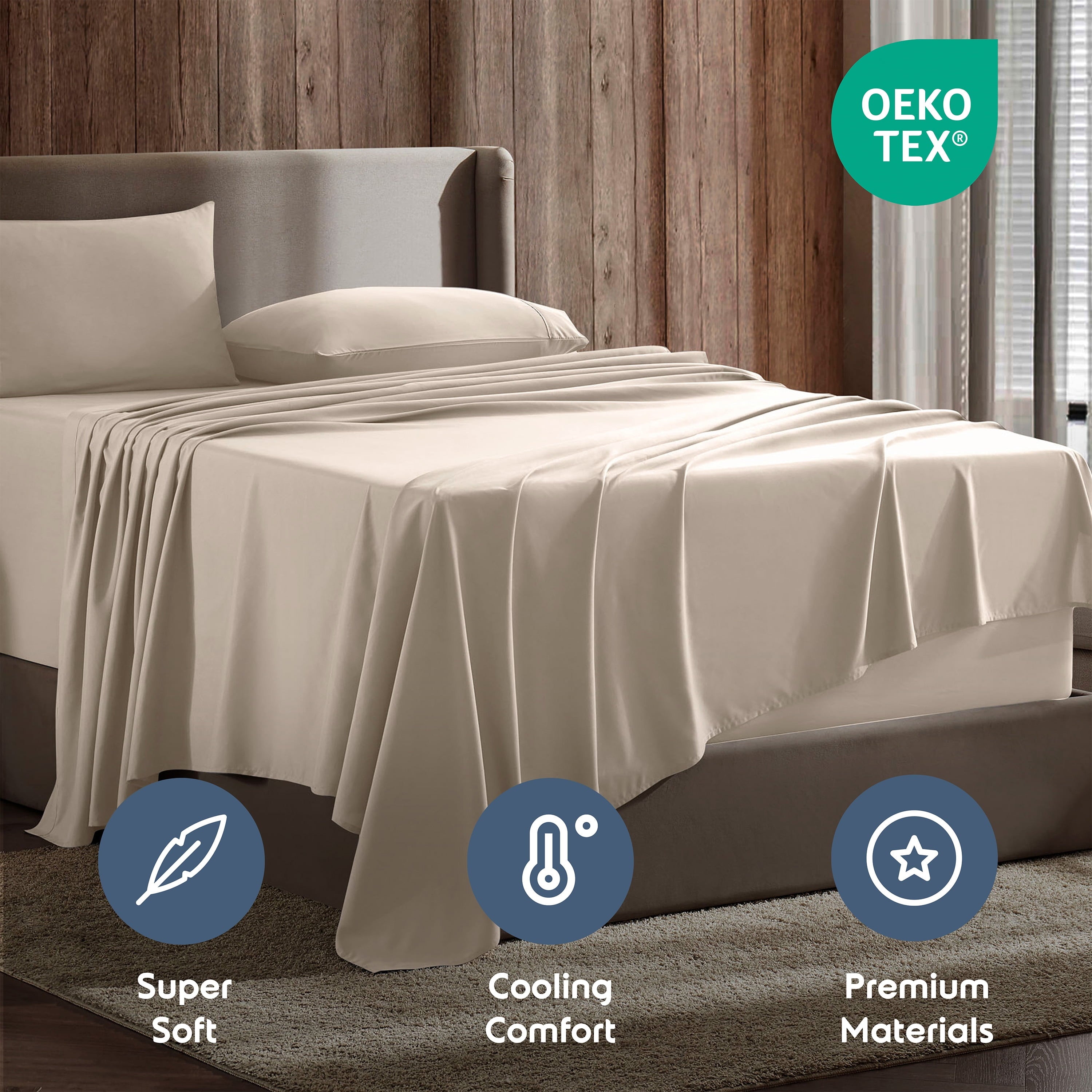 Cooling Sateen King Sheet Sets, 1800 Series Deep Pocket 4 Piece, Luxury Soft Microfiber Bed Sheet Sets, BEIGE CREAM - Premium Ultra-Soft Pillowcase Pair for Sleeping Detail