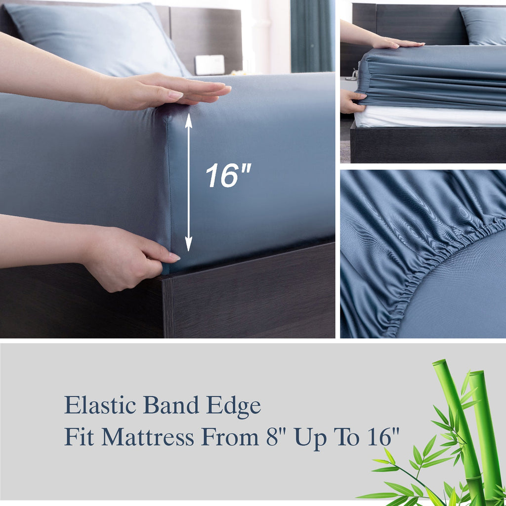 Breathable Luxury Luxury Bamboo Bed Sheets Set Full 4 Pcs for Adult,Soft&Cool,16" Deep Pocket,Blue Gray - Premium Ultra-Soft Pillowcase Pair for Sleeping Detail