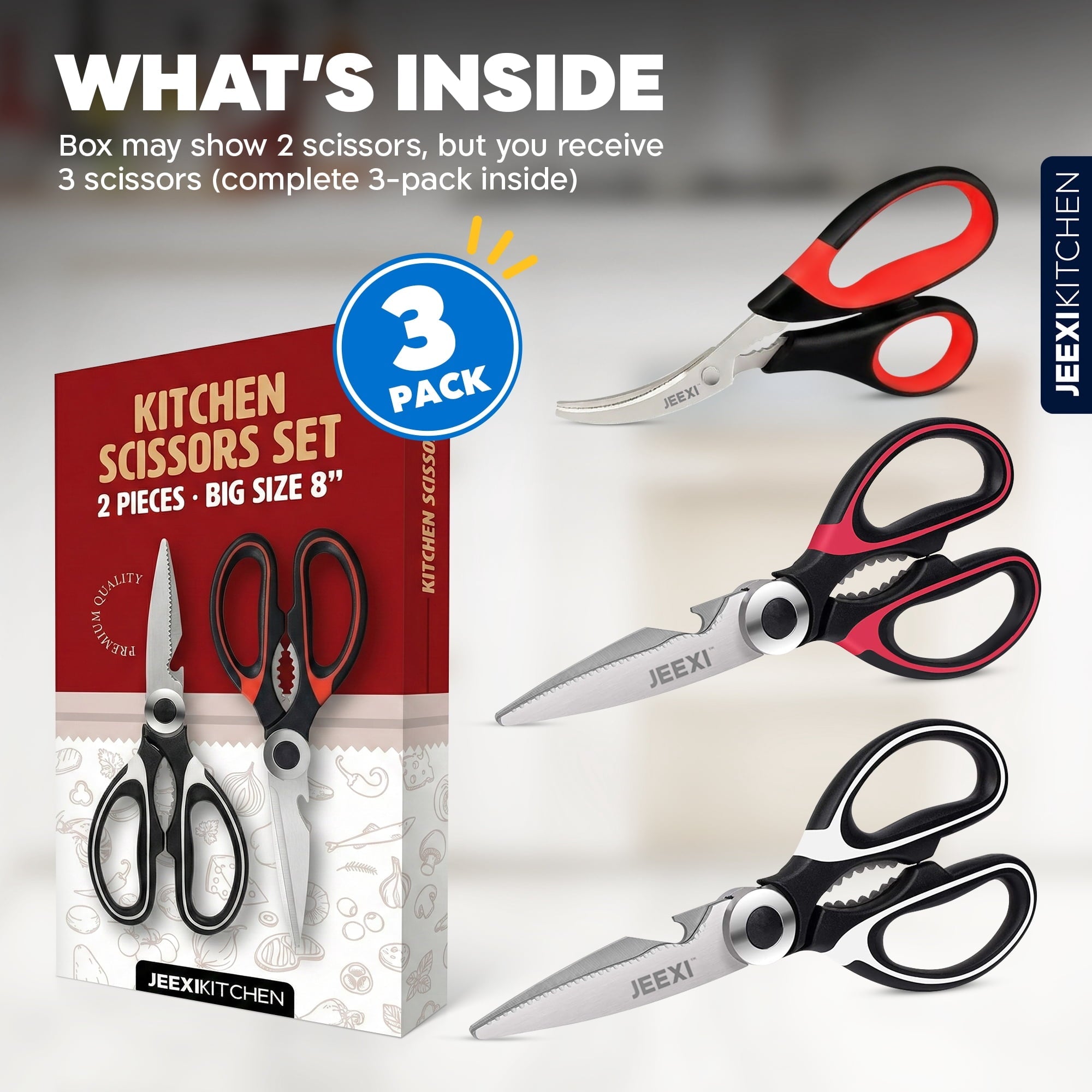 Innovative 3 Pack Kitchen Scissors, Ultra-Sharp Premium Stainless Steel Heavy Duty Kitchen Shears & Multi Purpose Poultry Shears... - Kitchen Gadget Tool for Quick Food Prep Detail