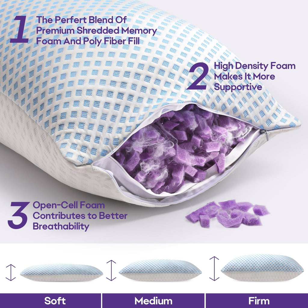 Orthopedic Support Cooling Pillows for Bed Sleeping Shredded Memory Foam Pillows Queen Size Set of 2 Pack 20 x 30 inches - Ergonomic Memory Foam Pillow for Neck Pain Support Detail