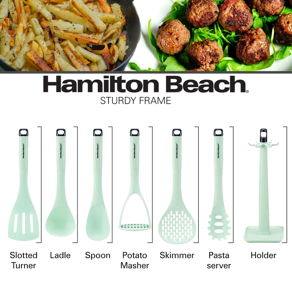 Premium Silicone Kitchen Utensil Set 7 Piece | Cooking Utensil set Slotted turner, Ladle Skimmer, Pasta Server, Potato Masher, S... - Ergonomic Kitchen Tongs and Cooking Spoon Utensil Detail
