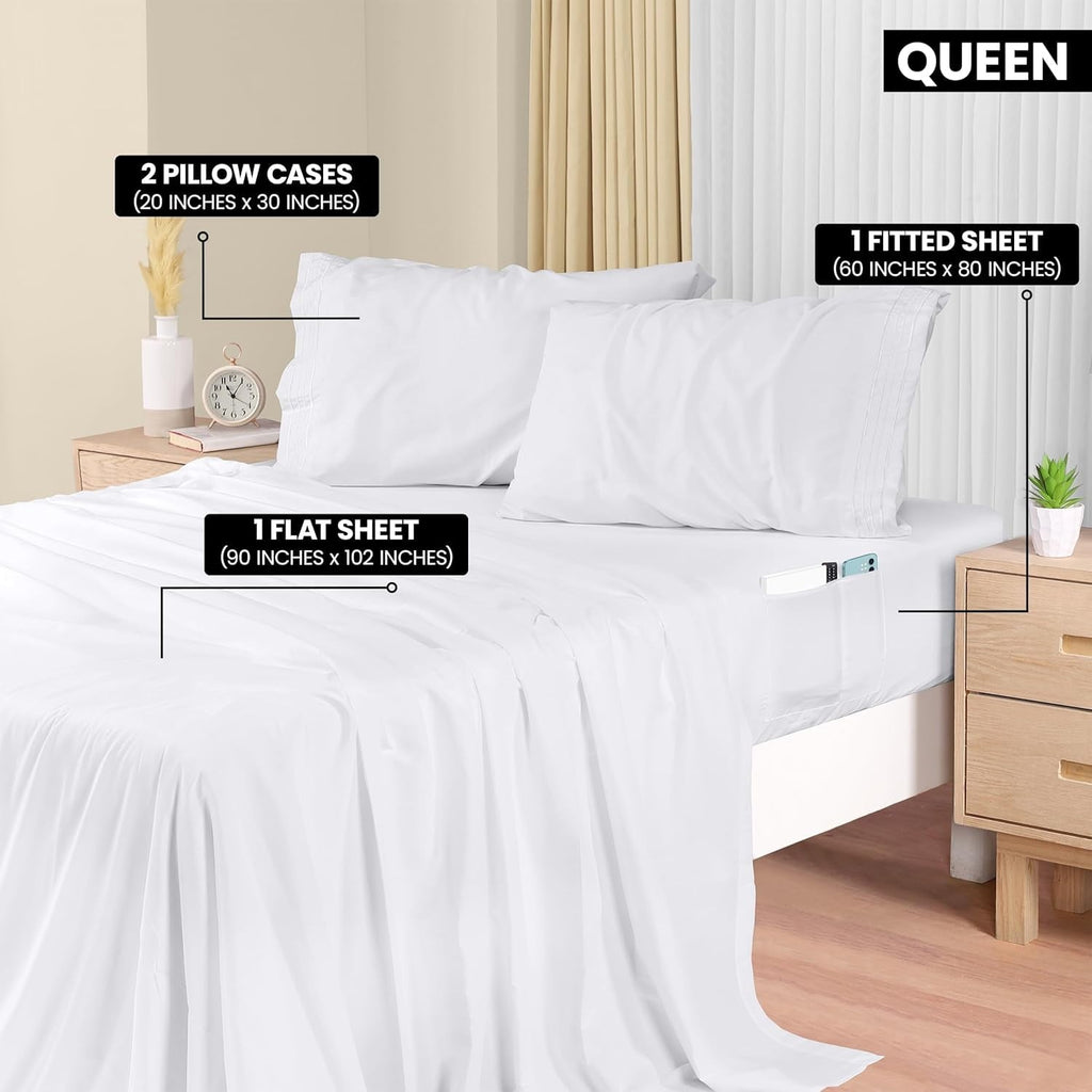 Breathable Luxury Set, Soft Microfiber 4 Piece Hotel Luxury Bed s with Deep Pockets, Embroidered Pillow Cases, Side Storage Pocket Fitt... - Luxury Bed Sheet Set with Deep Pockets Detail