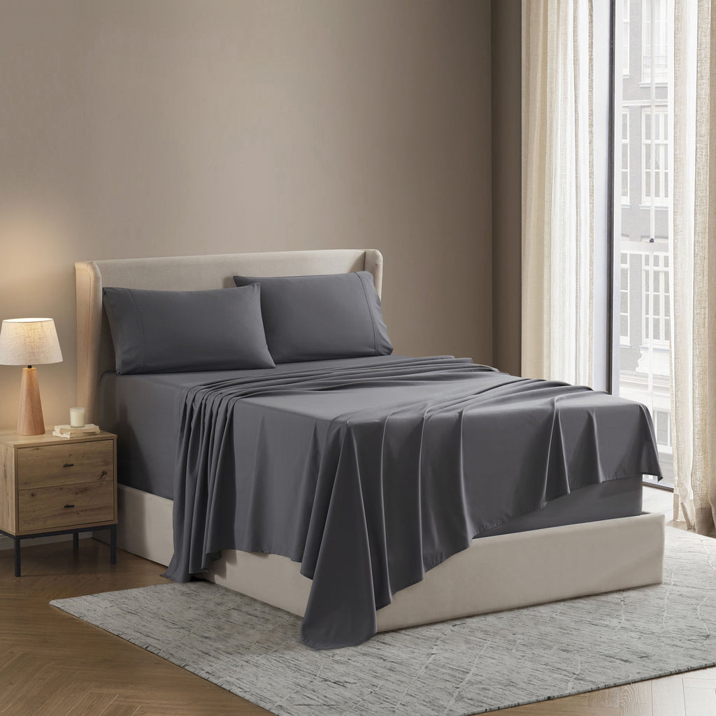 Cooling Sateen Sheet Sets, Deep Pocket 4 Piece, Luxury Soft Microfiber Bed Sheet Sets, GRAY - Cooling Hotel Quality Bedding Sheets and Pillowcases Detail