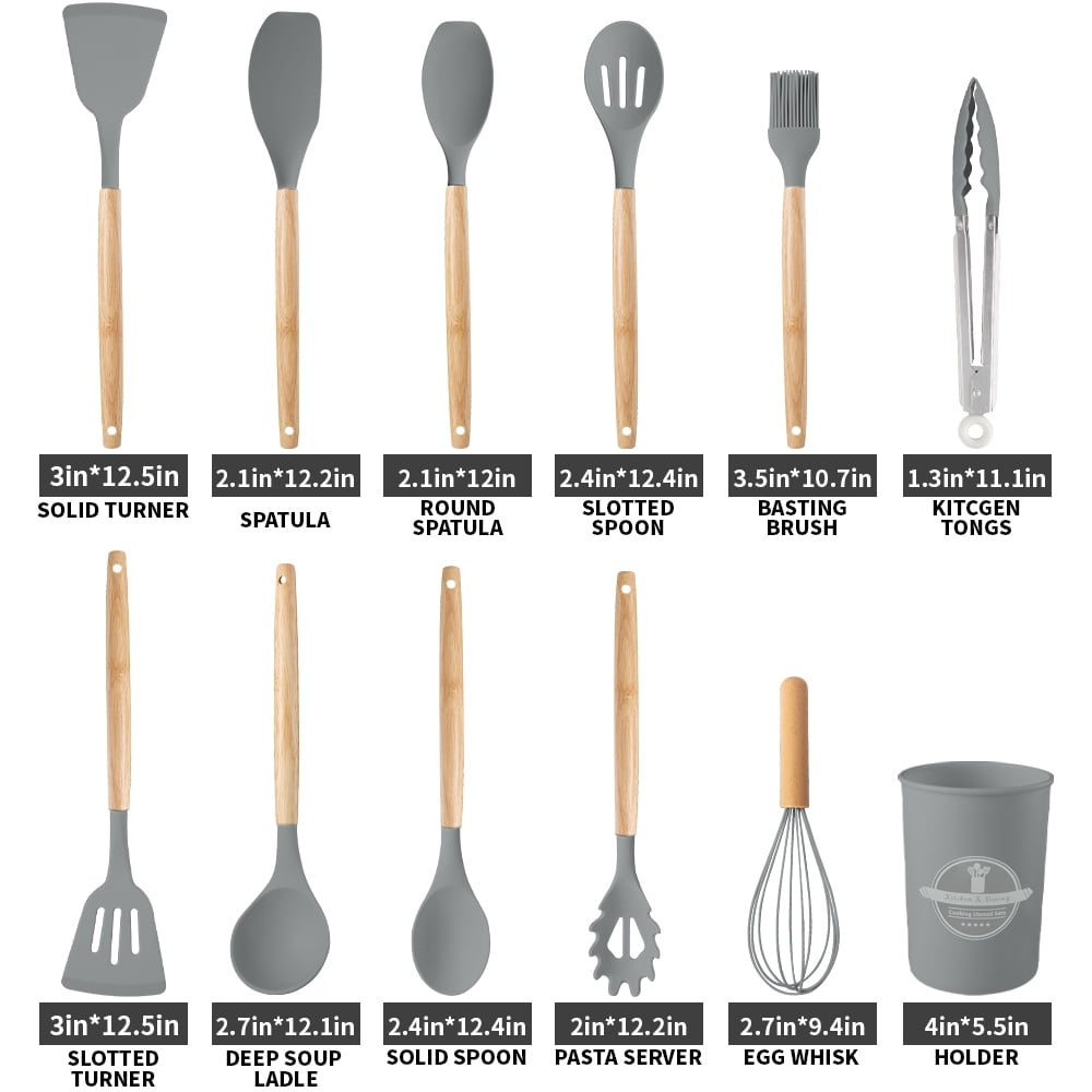 Heat-Resistant Silicone Wooden Heat Resistant Kitchen Utensil Set, 12 pcs - Ergonomic Kitchen Tongs and Cooking Spoon Utensil Detail