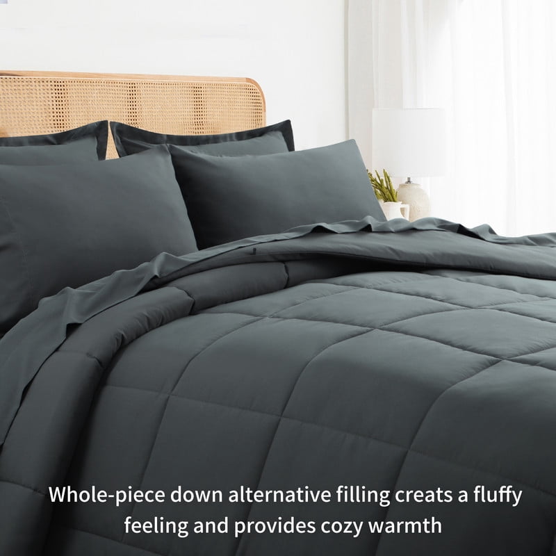Fluffy Down Alternative 7 Pieces Comforter Set with Sheets - Bed in a Bag with Comforter and All Season Sheets, Pillowcases,Dark Gray,Queen - All-Season Down Alternative Comforter Insert Detail