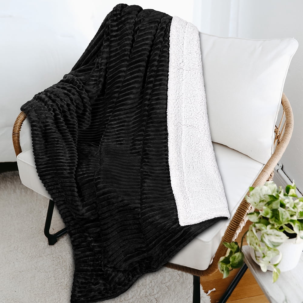 Cozy Fleece Reversible Sherpa Fleece Throw Blanket Black, Plush Flannel Throw, Ultra Soft Warm Ribbed Microfiber Blanket for Sofa... - Cozy Fleece Throw Blanket for Couch & Bed Detail