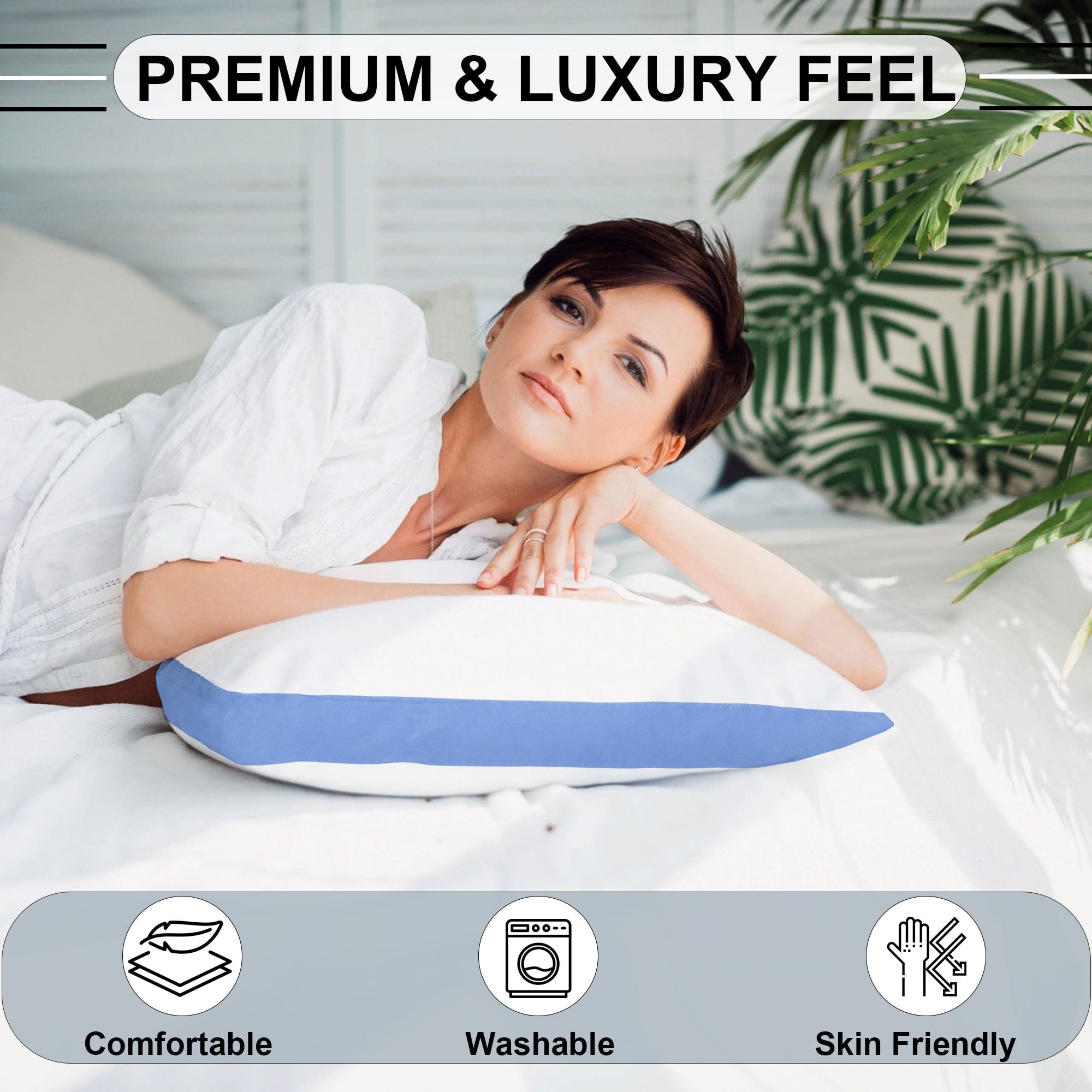 Fluffy Shredded Gusseted Queen 18x26 Bed Pillows for Sleeping Set of 2 Polycotton White Blue Stripe Comfortable - Ergonomic Memory Foam Pillow for Neck Pain Support Detail