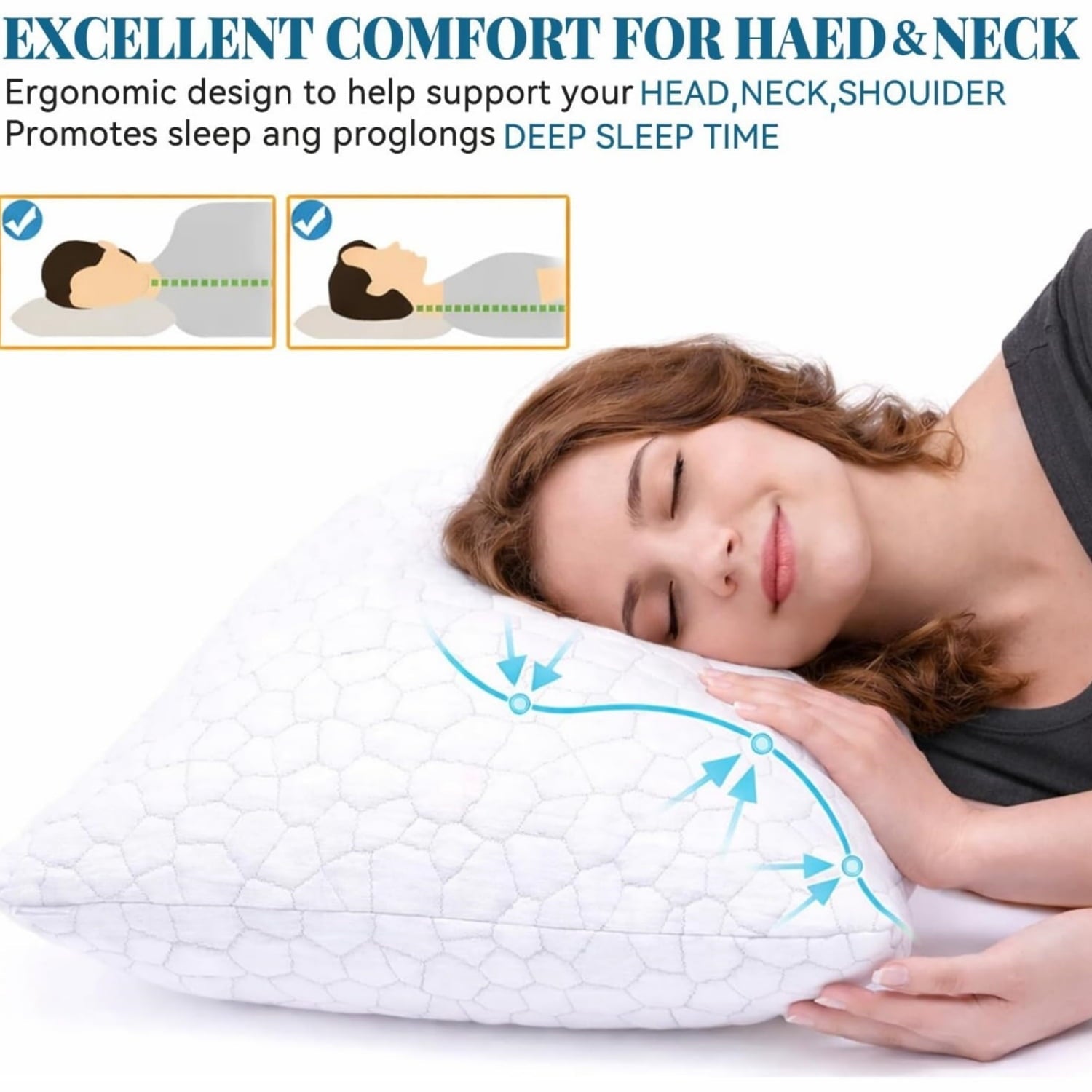 Hotel Collection Shredded Memory Foam Pillows for Sleeping, Bed Pillows Queen Size Set of 2 Pack Adjustable for Side and Back Sleeper ... - Ergonomic Memory Foam Pillow for Neck Pain Support Detail