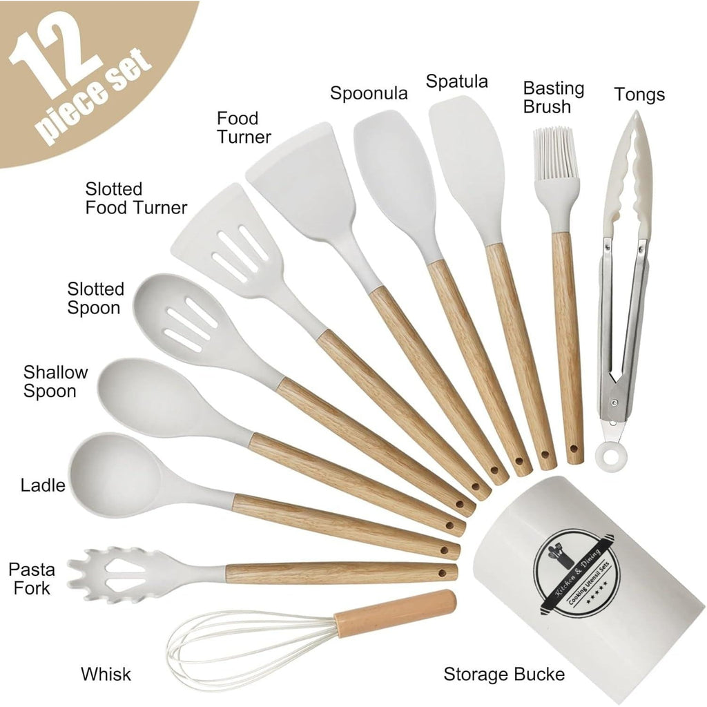 Ergonomic Cooking Cooking Utensils Set, 12 packs Non-Stick Silicone Cooking Kitchen Utensils Spatula Set with Wooden Handles and... - Premium Stainless Steel Cooking Utensil for Non-Stick Pots Detail
