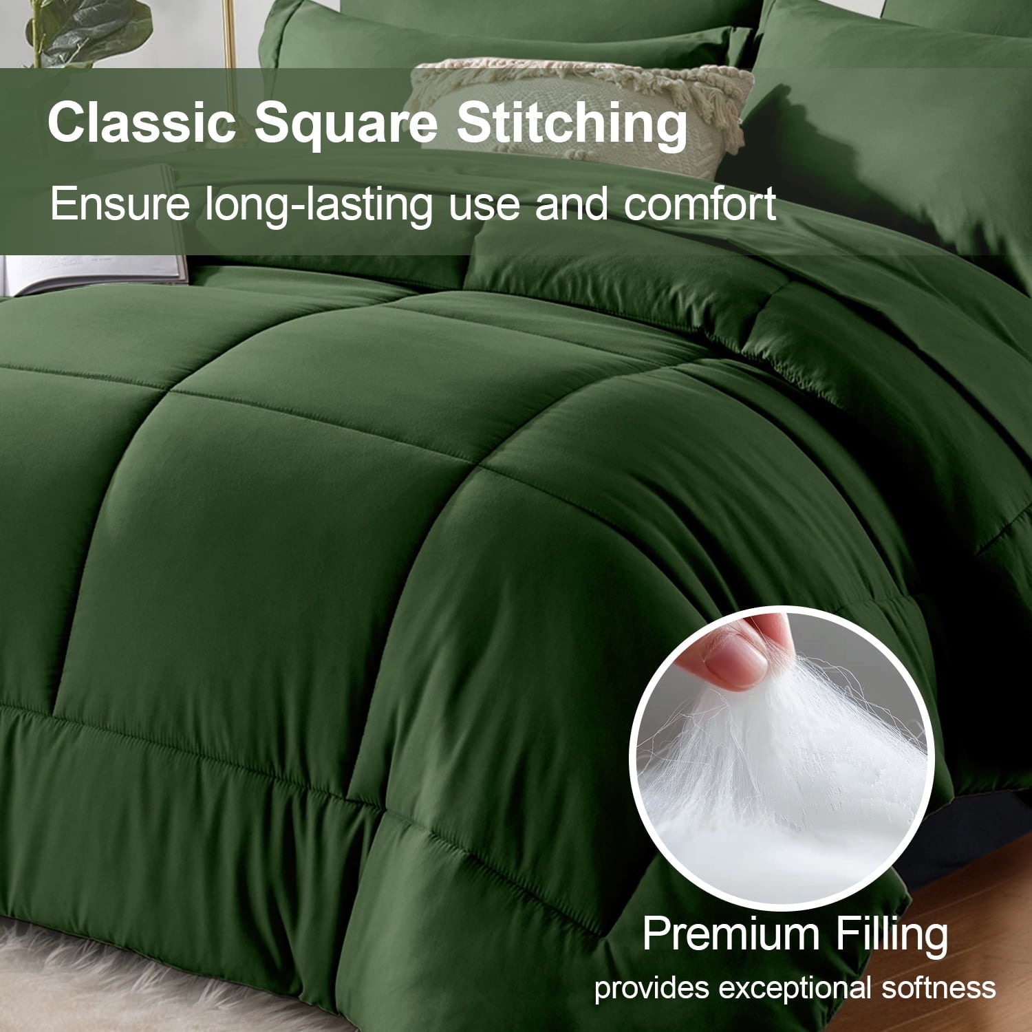 Luxurious Quilted Queen Comforter Set Forest Green Bed in a Bag Queen Size 7 Pieces Soft Bed Set Lightweight Microfiber Green Bedding C... - All-Season Down Alternative Comforter Insert Detail