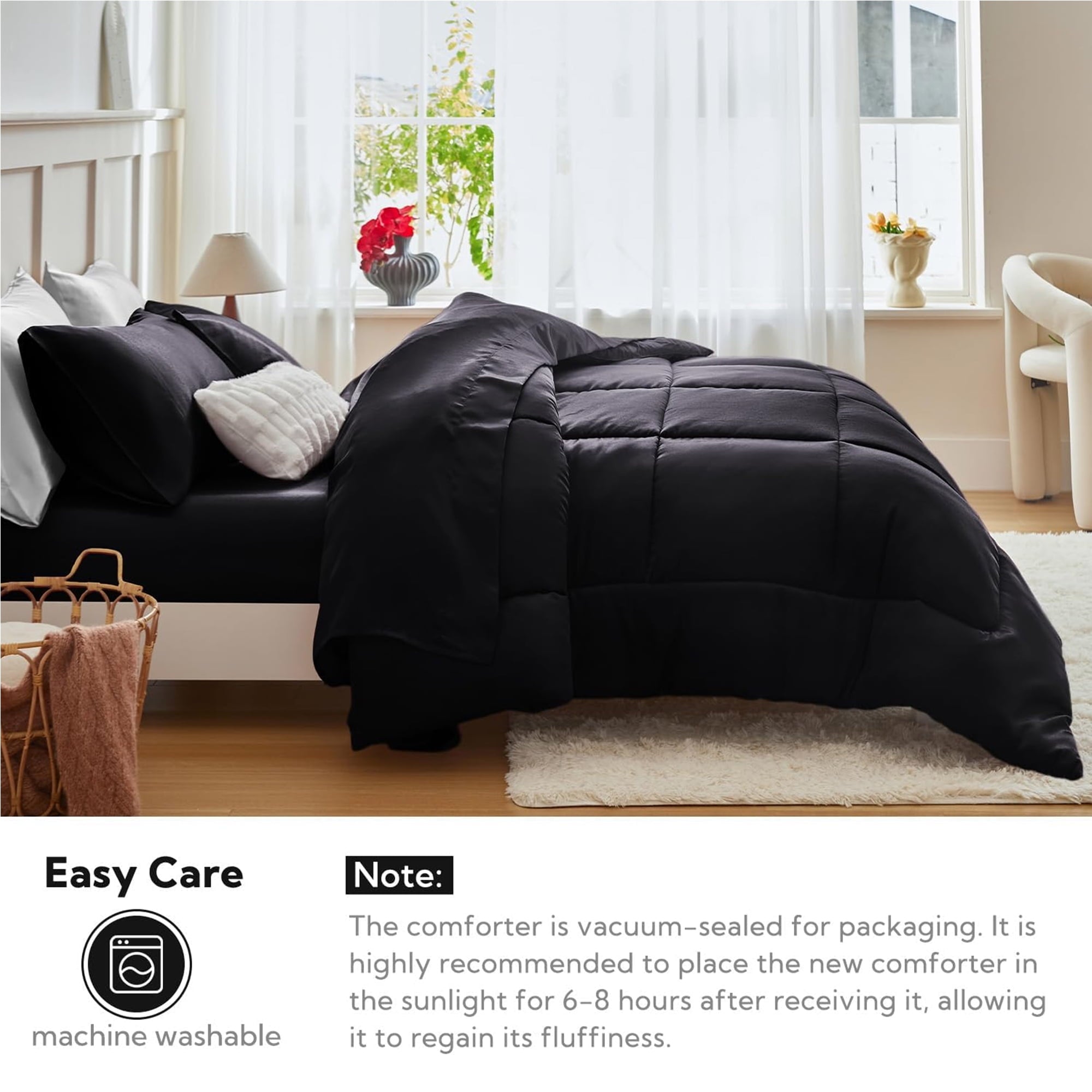 Heavyweight Warmth Reversible Satin Microfiber Comforter 3 Pieces Queen Size, Black Queen Comforter Set for All Seasons, Silky Soft Sati... - Cloud-Like Soft Lightweight Bed Comforter Detail