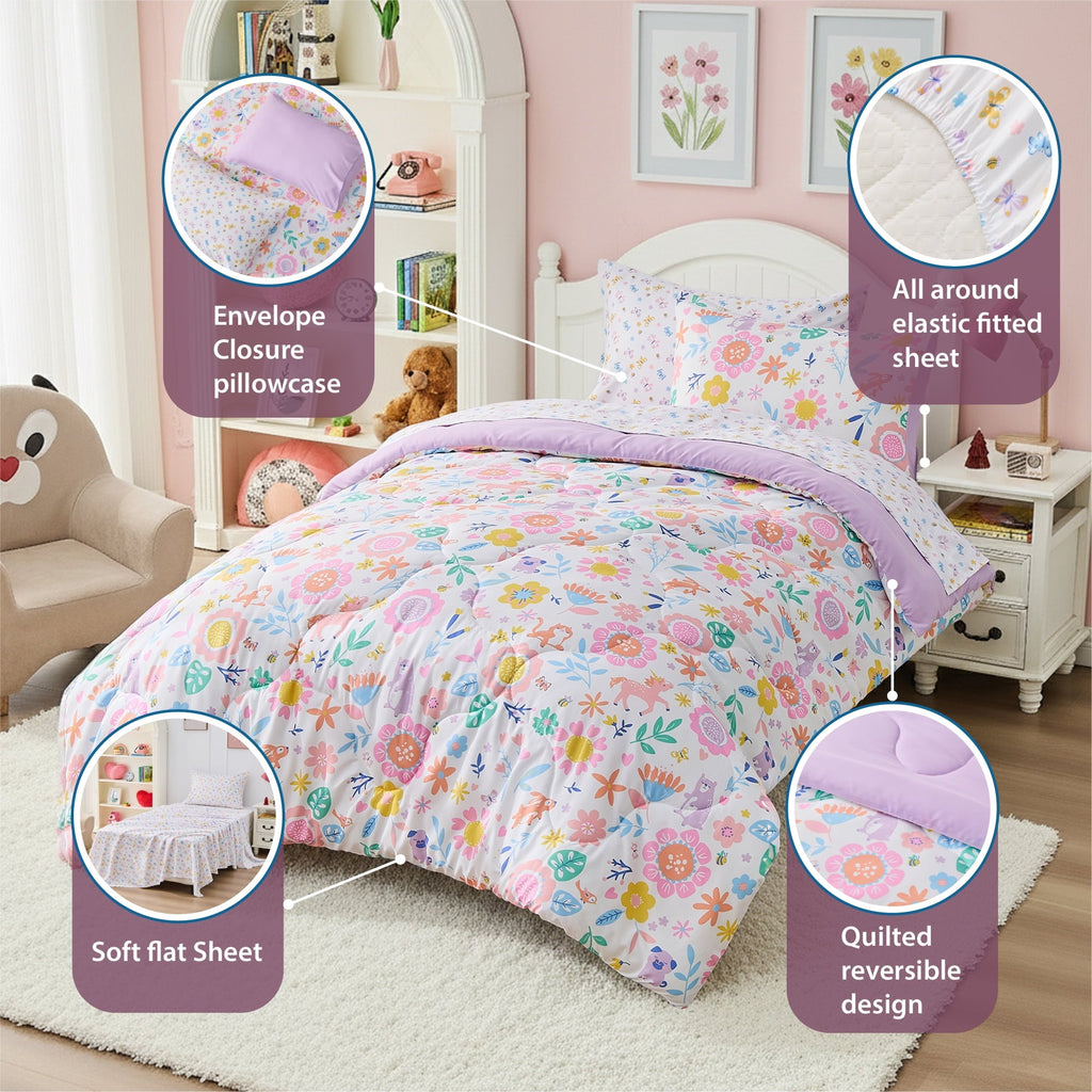 Fluffy Down Alternative Floral Comforter Set, Soft Microfiber Flower Bedding Set, 5 Pieces with Comforter, Sheets and Pillowcases, Twin - Luxurious Quilted Duvet Cover Set Detail