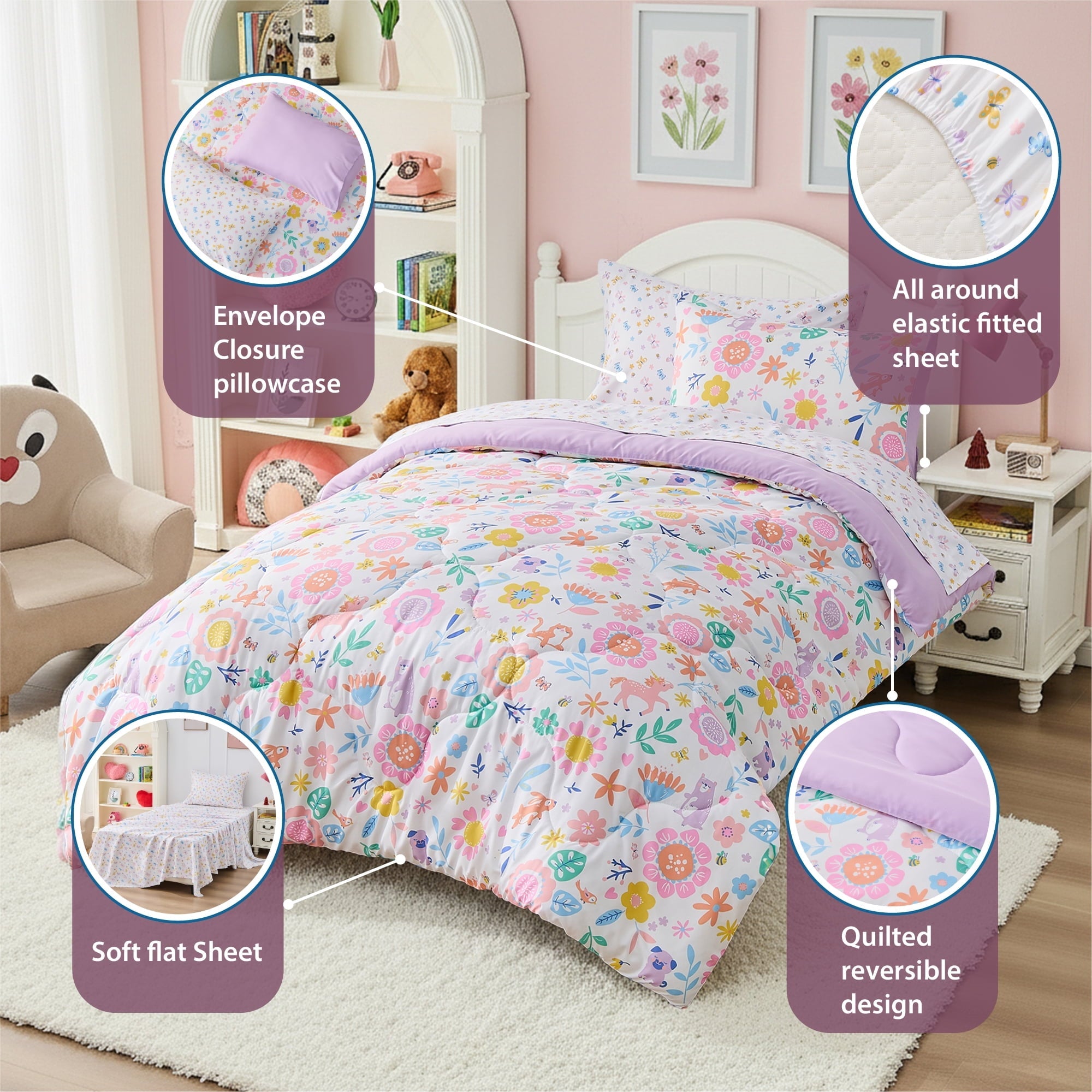 Fluffy Down Alternative Floral Comforter Set, Soft Microfiber Flower Bedding Set, 5 Pieces with Comforter, Sheets and Pillowcases, Twin - Luxurious Quilted Duvet Cover Set Detail