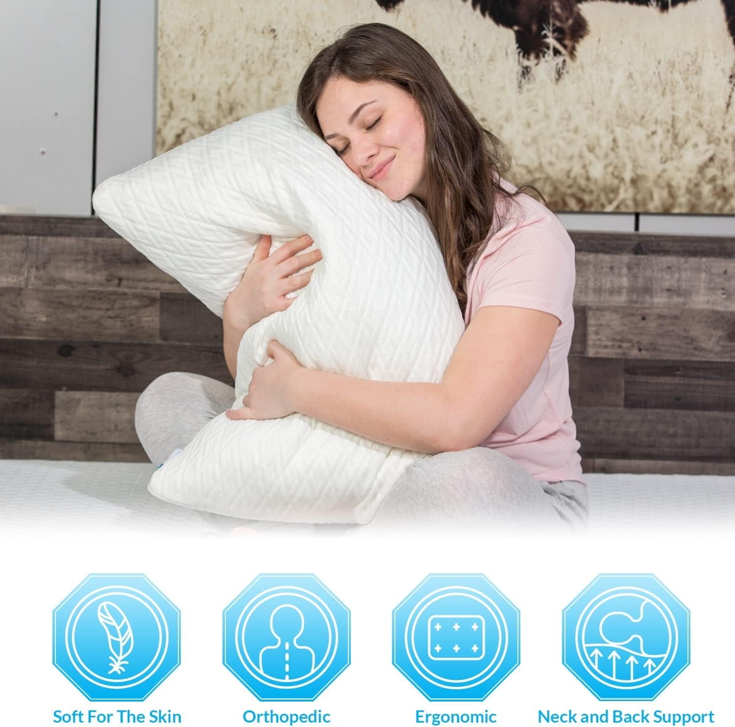 Decorative Plump King Size Bamboo Pillow, Memory Foam Bed Pillows with Washable Pillowcases, King (1 Pack) - Hotel Quality Plush Sleeping Pillows Detail