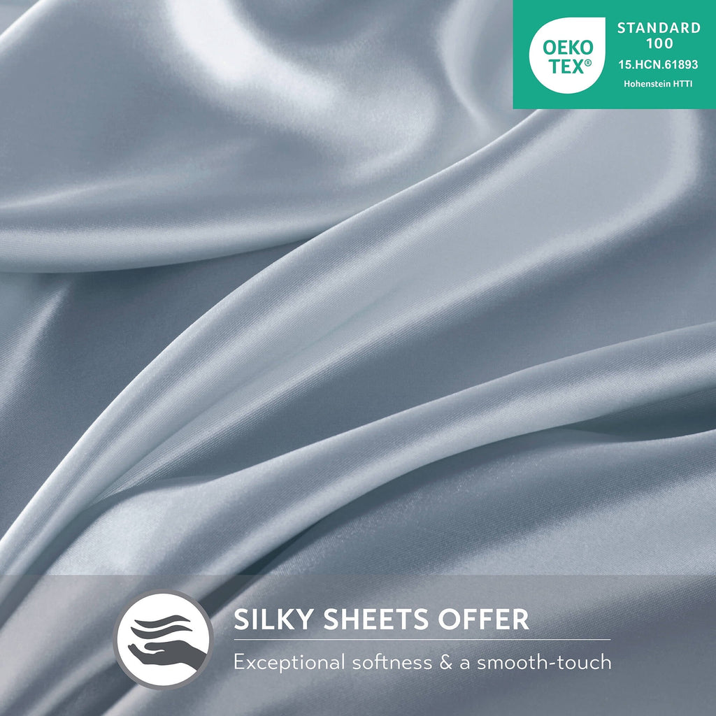 Breathable Luxury Satin Sheet Set, Twin Bed Sheets with Pillowcases, 4-Piece Luxury Silky Sheet Set, Blue, Gifts for Women - Breathable Egyptian Cotton Flat & Fitted Sheets Detail