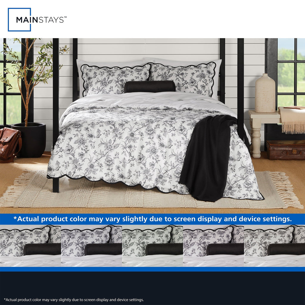 Fluffy Down Alternative Floral Scallop 4-Piece White/Black Comforter Set, Twin/Twin XL - Luxurious Quilted Duvet Cover Set Detail