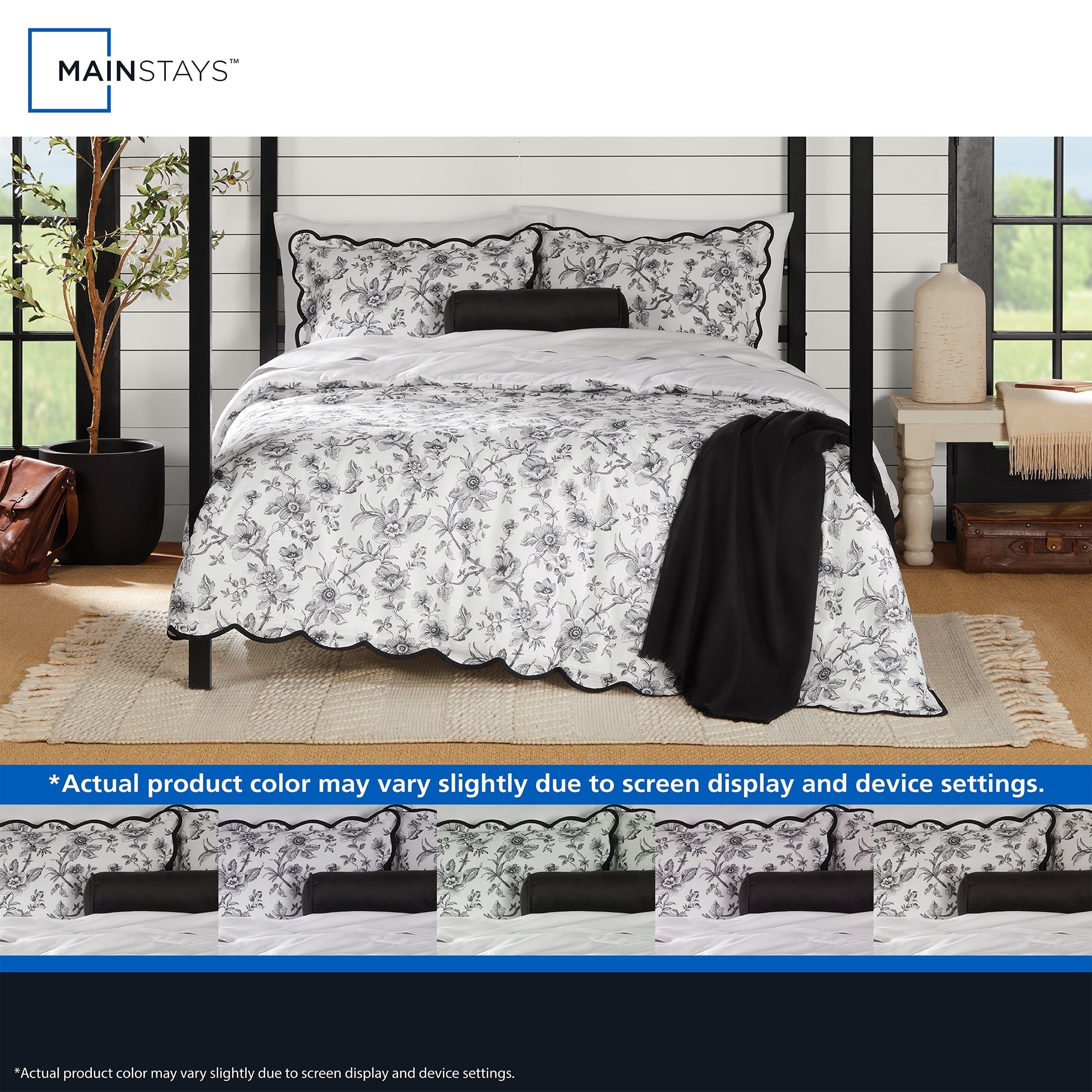 Fluffy Down Alternative Floral Scallop 4-Piece White/Black Comforter Set, Twin/Twin XL - Luxurious Quilted Duvet Cover Set Detail