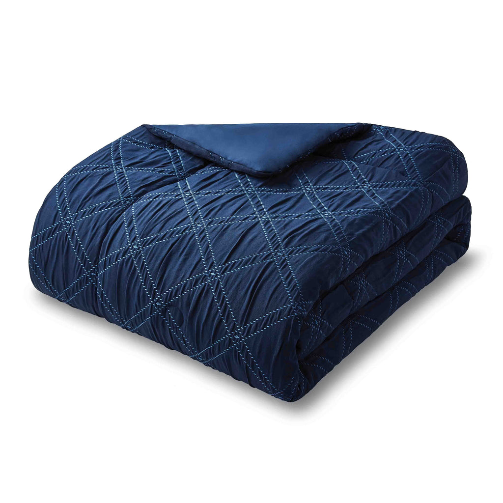 Heavyweight Warmth 5-Piece Reversible Comforter Set Navy Cross Stitch Bedding with Decor Pillow and Throw, Full/Queen - Cloud-Like Soft Lightweight Bed Comforter Detail