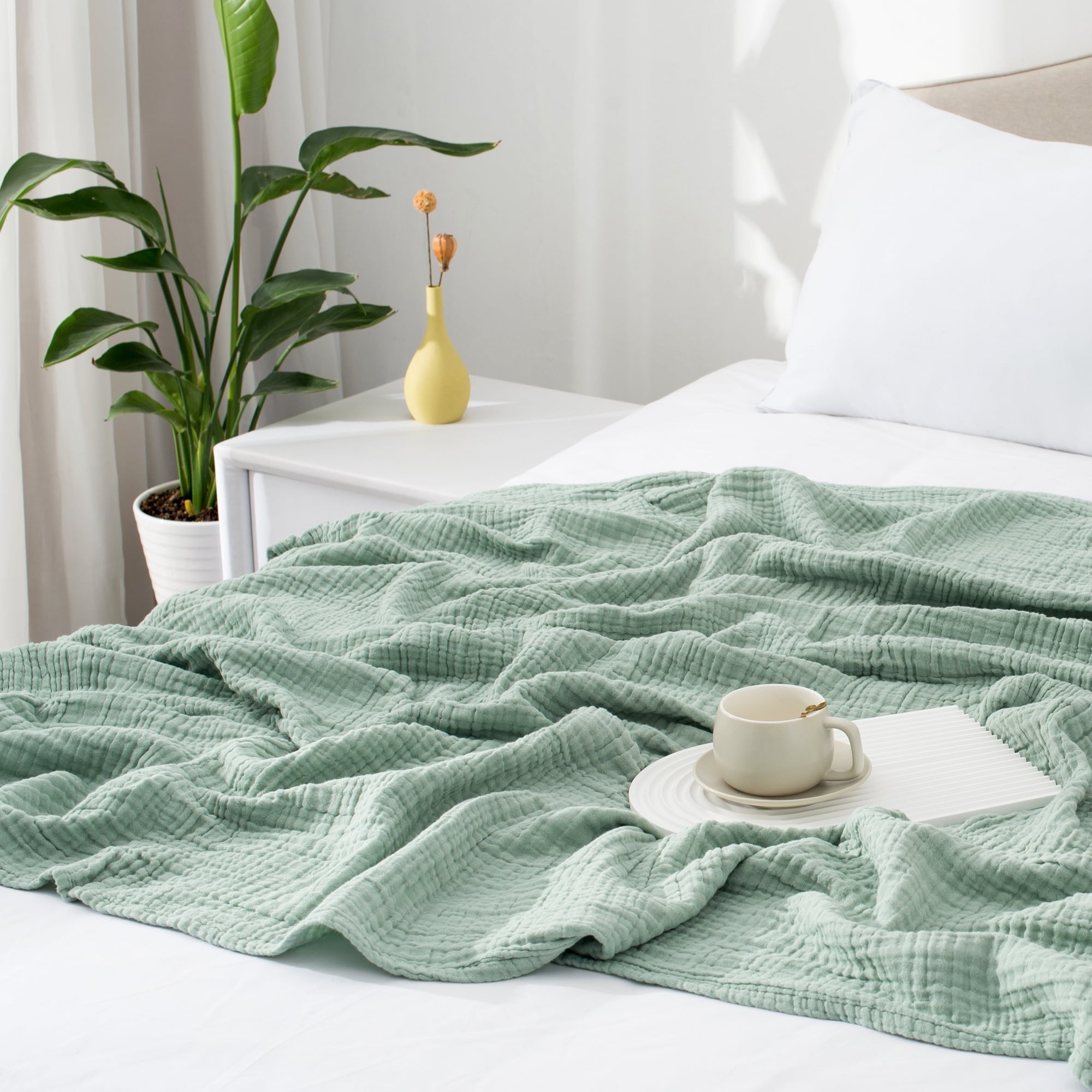 Decorative Knitted 100% Cotton Muslin Throw Blanket Gauze Blankets for Adults Soft Throws for Bed and Couch, 50" x 70" Sage Green - Luxury Knitted Decorative Throw Blanket with Fringes Detail
