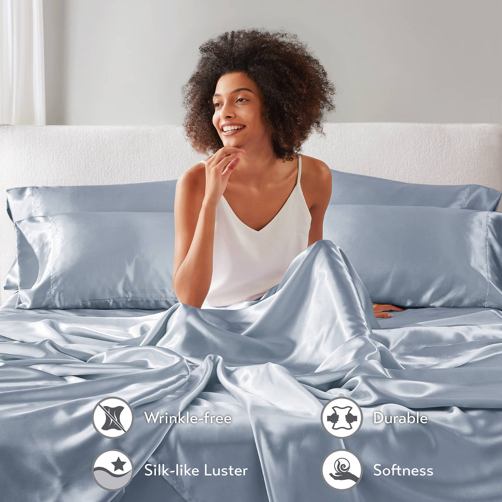 Breathable Luxury Satin Sheet Set, Twin Bed Sheets with Pillowcases, 4-Piece Luxury Silky Sheet Set, Blue, Gifts for Women - Breathable Egyptian Cotton Flat & Fitted Sheets Detail