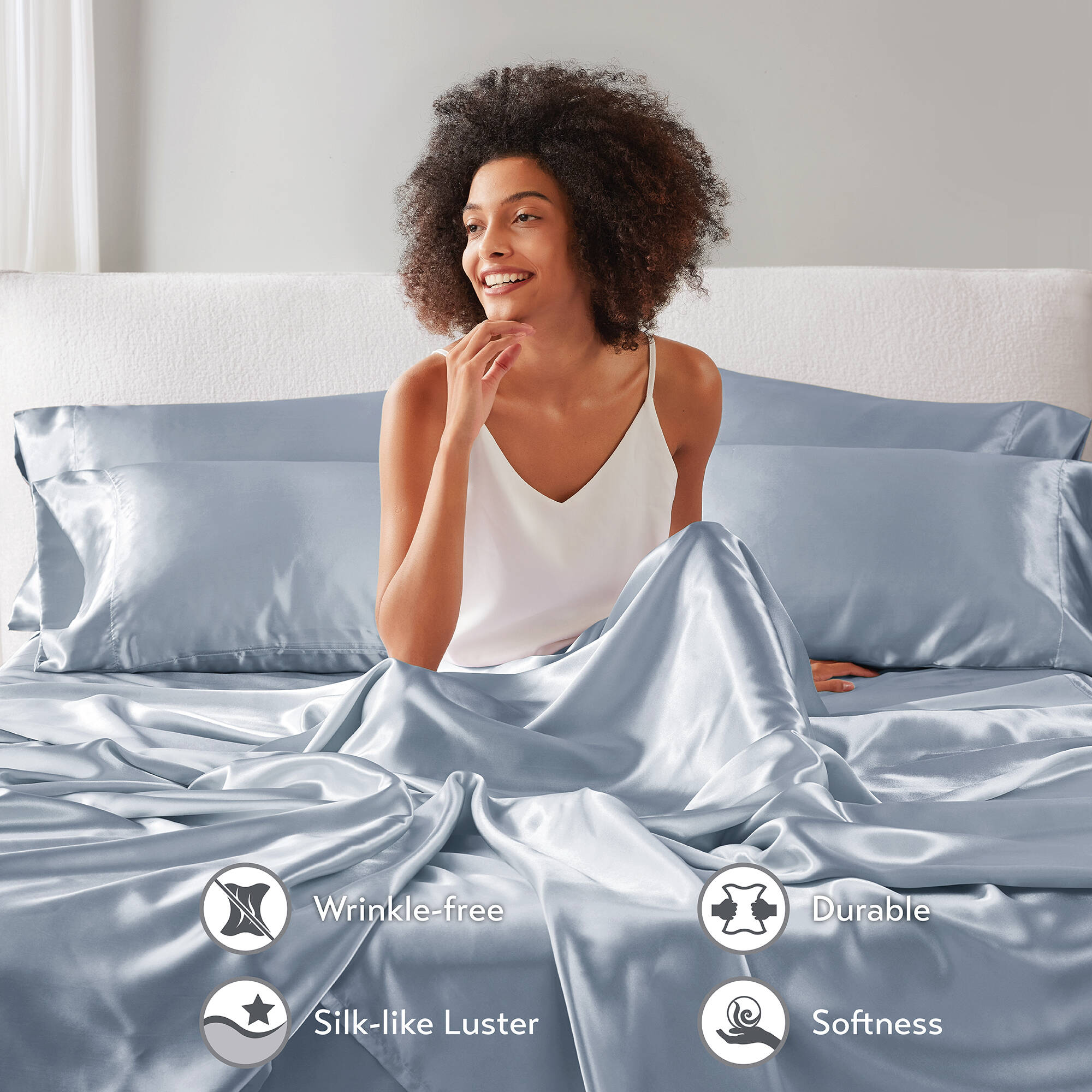 Breathable Luxury Satin Sheet Set, Twin Bed Sheets with Pillowcases, 4-Piece Luxury Silky Sheet Set, Blue, Gifts for Women - Breathable Egyptian Cotton Flat & Fitted Sheets Detail