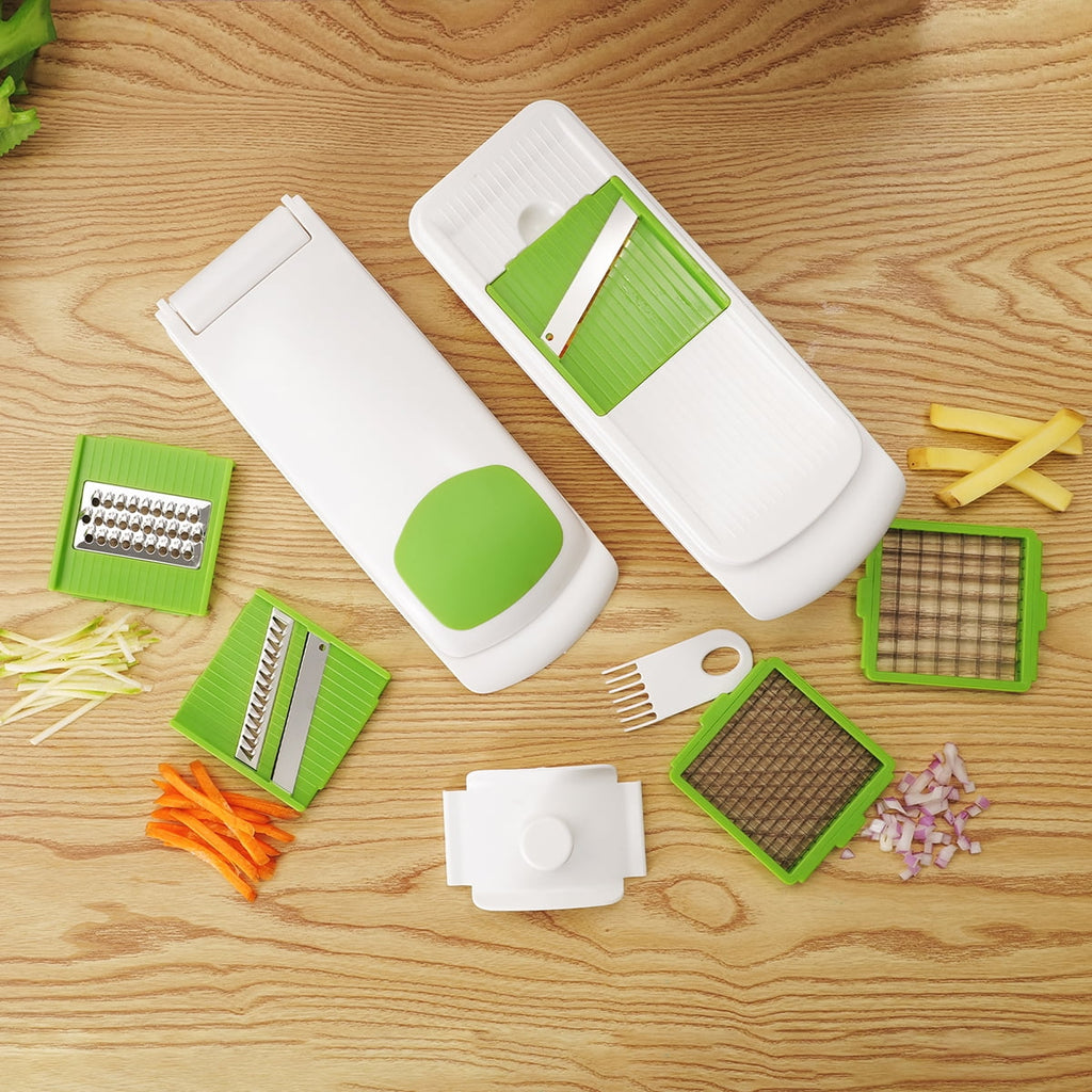 Multi-Functional 11 Pieces Multi-Function Nice Dicer and Mandoline, Stainless Steel, Green Glaze, 820g - Multi-Functional Manual Food Chopper & Slicer Detail