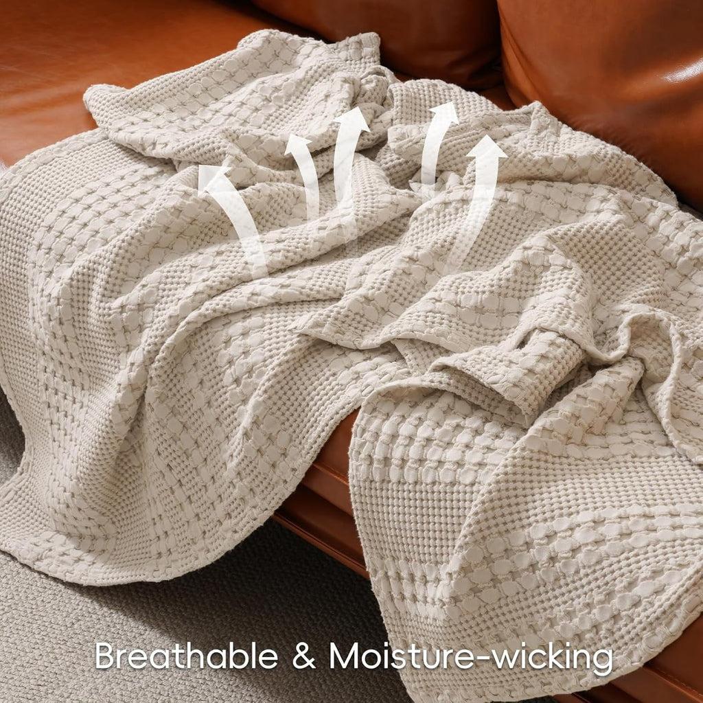 Reversible Sherpa 100% Cotton Waffle Weave Blanket, Lightweight Throw Washed Blanket for Bed Sofa Home Decor, Oatmeal, 50"x60" - Lightweight Plush Warm Blanket for All Seasons Detail