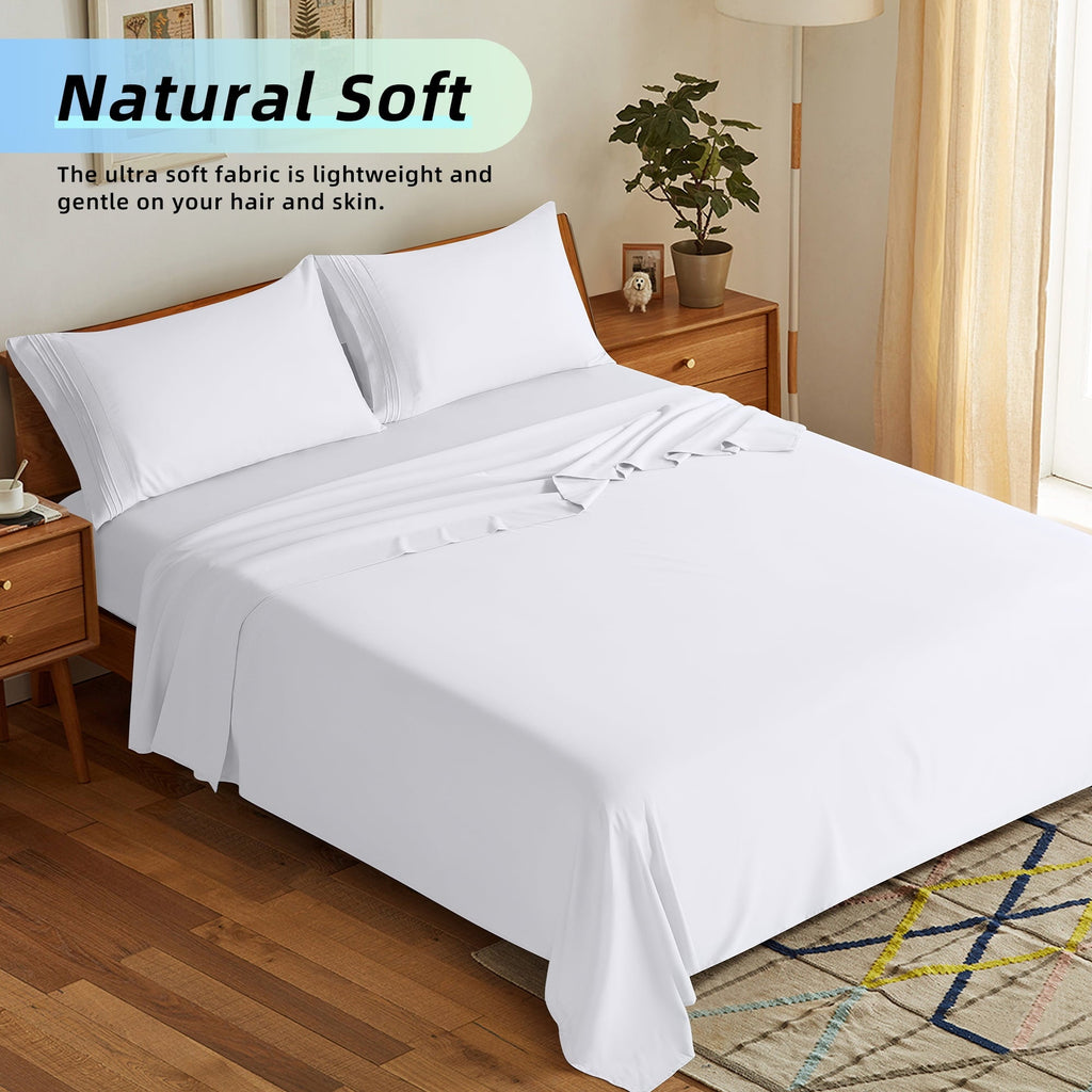 Premium Egyptian Cotton Bed Sheets Set, Microfiber Deep Pocket 4 Pieces Luxury Soft Sheet Set, Queen, White - Premium Ultra-Soft Pillowcase Pair for Sleeping Detail