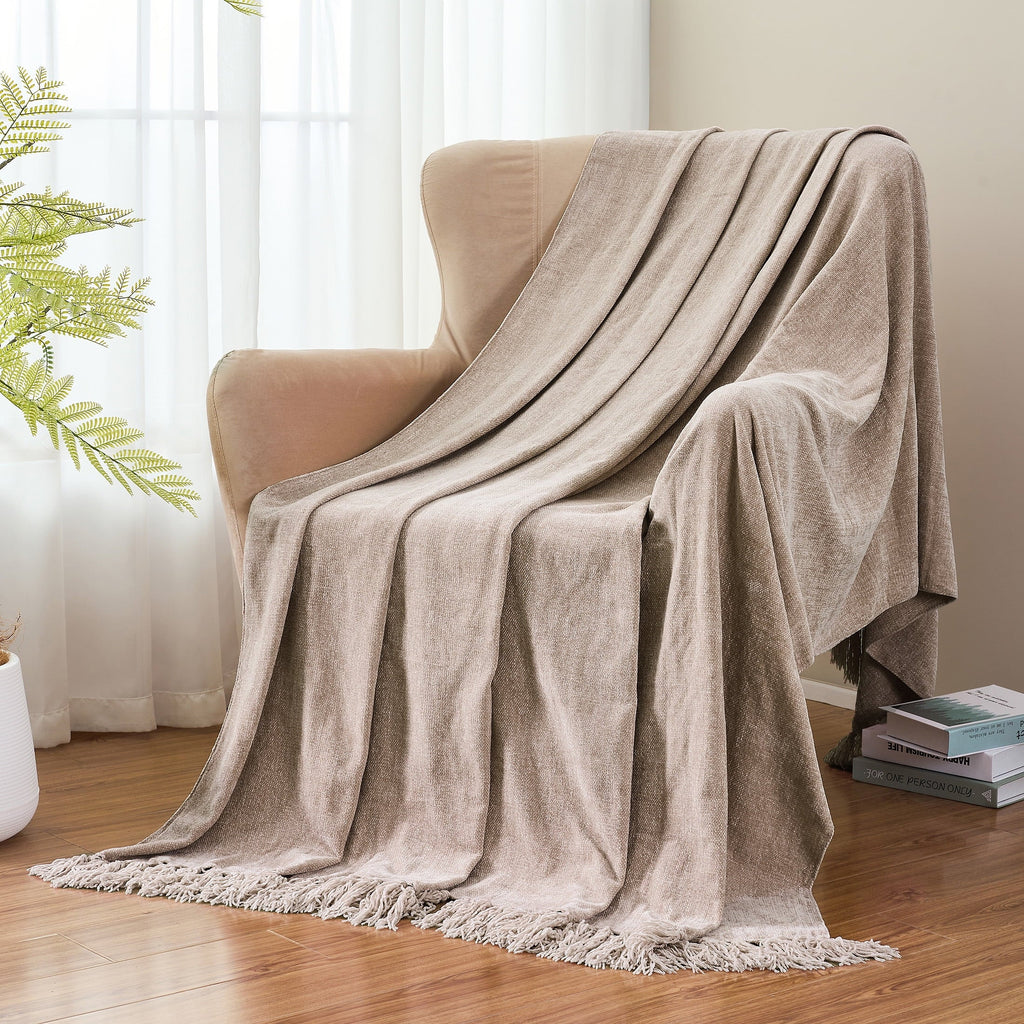 Lightweight Warm Chenille Throw Blanket with Fringe Tassel for Couch Sofa Chair Bed, Taupe 50" X 60" - Luxury Knitted Decorative Throw Blanket with Fringes Detail
