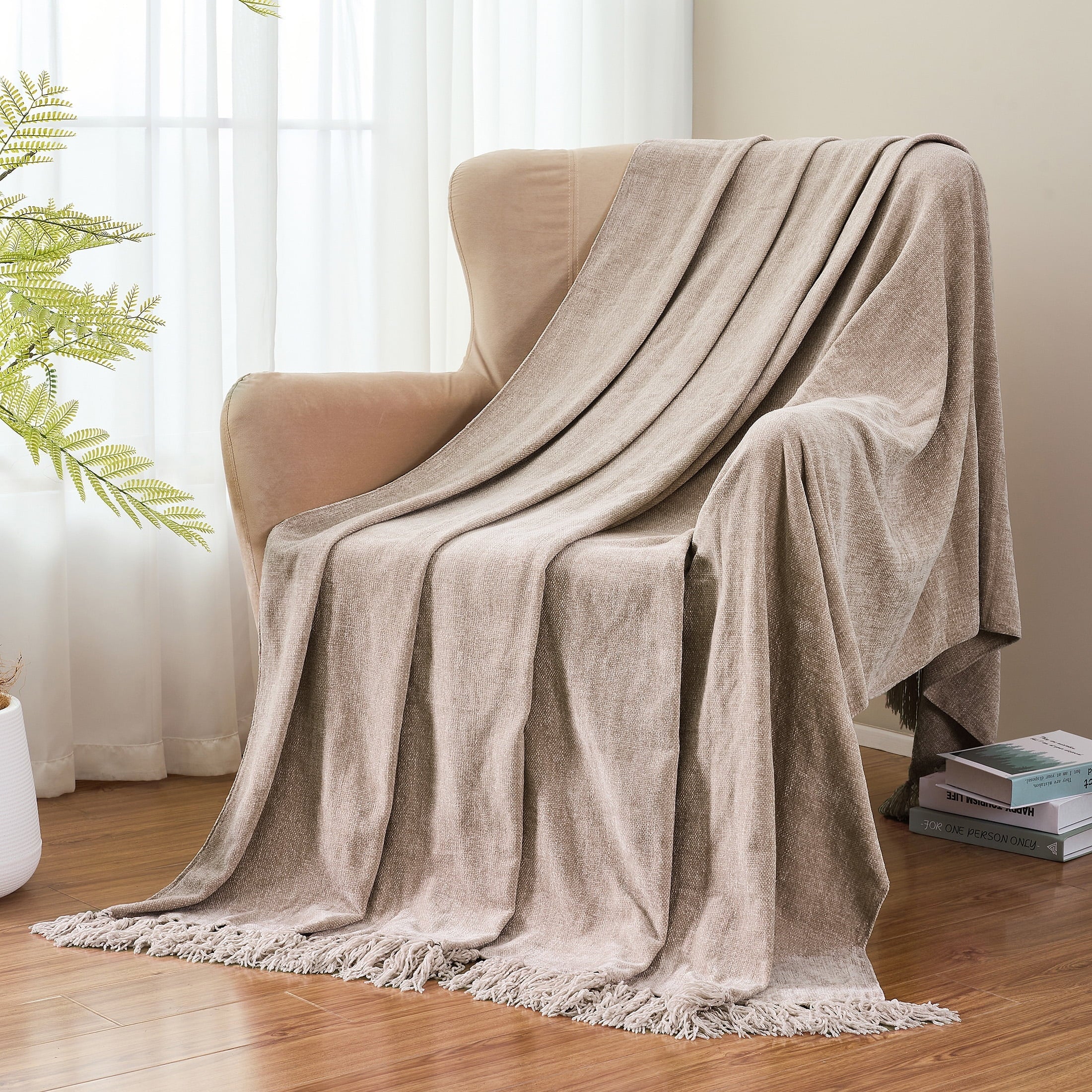 Lightweight Warm Chenille Throw Blanket with Fringe Tassel for Couch Sofa Chair Bed, Taupe 50" X 60" - Luxury Knitted Decorative Throw Blanket with Fringes Detail