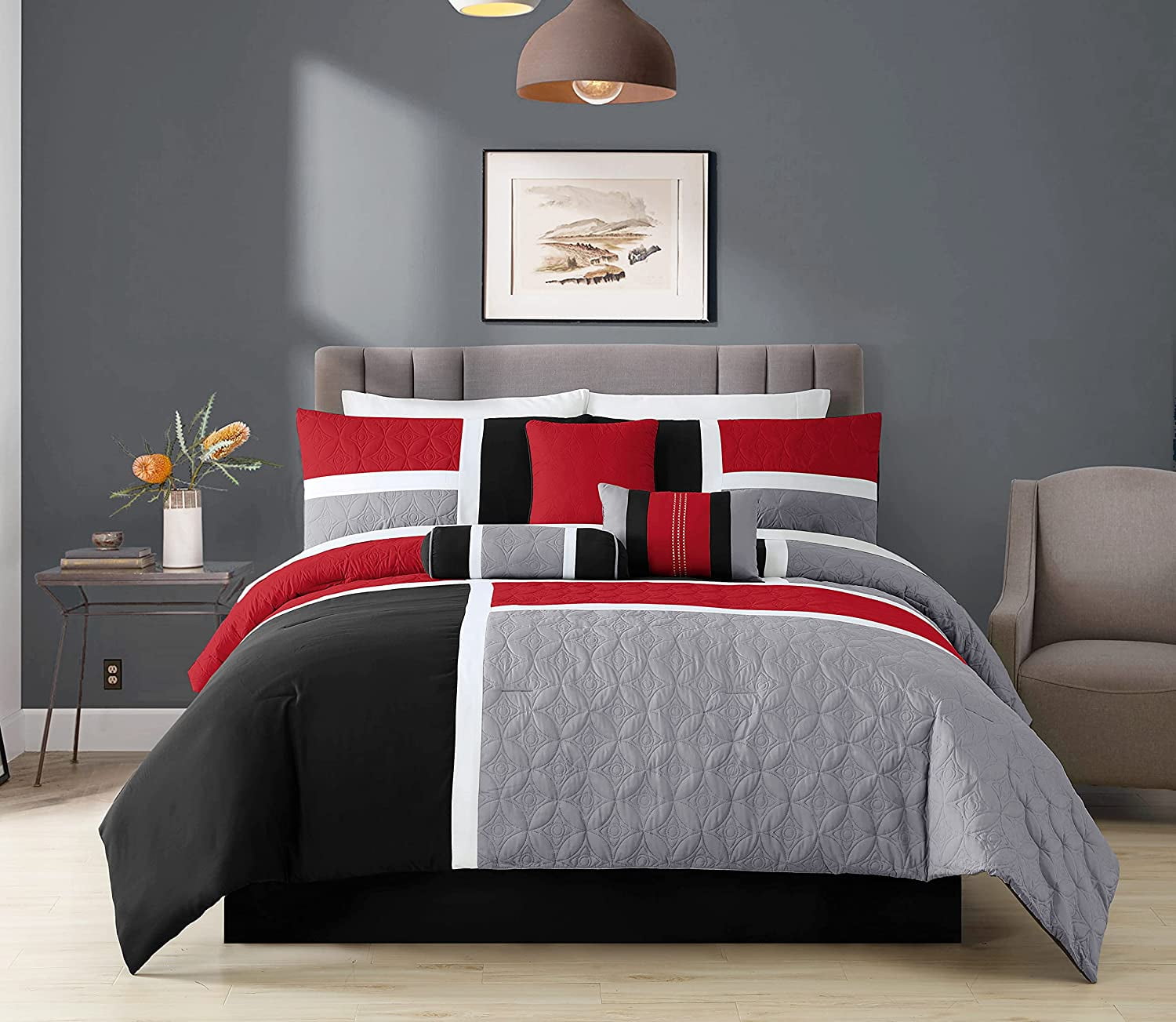 Fluffy Down Alternative 7-Piece Medallion Patchwork Comforter Set, Full, Red/Gray/Black - Cloud-Like Soft Lightweight Bed Comforter Detail