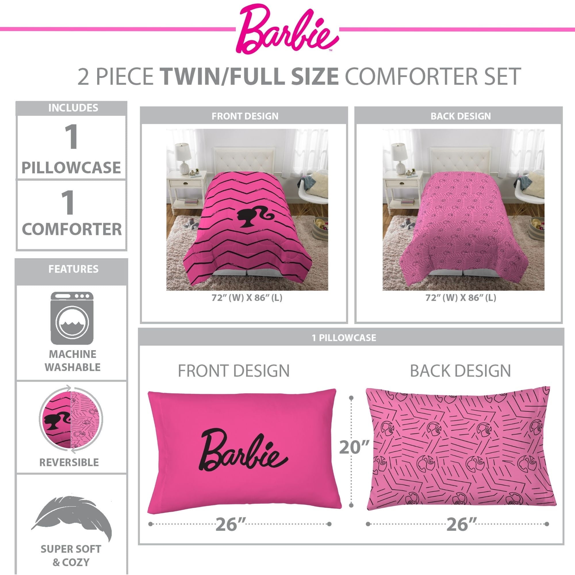 All-Season Kids 2 Piece Pink Black Chevron Reversible Comforter and Pillowcase set, Twin/full - Cloud-Like Soft Lightweight Bed Comforter Detail