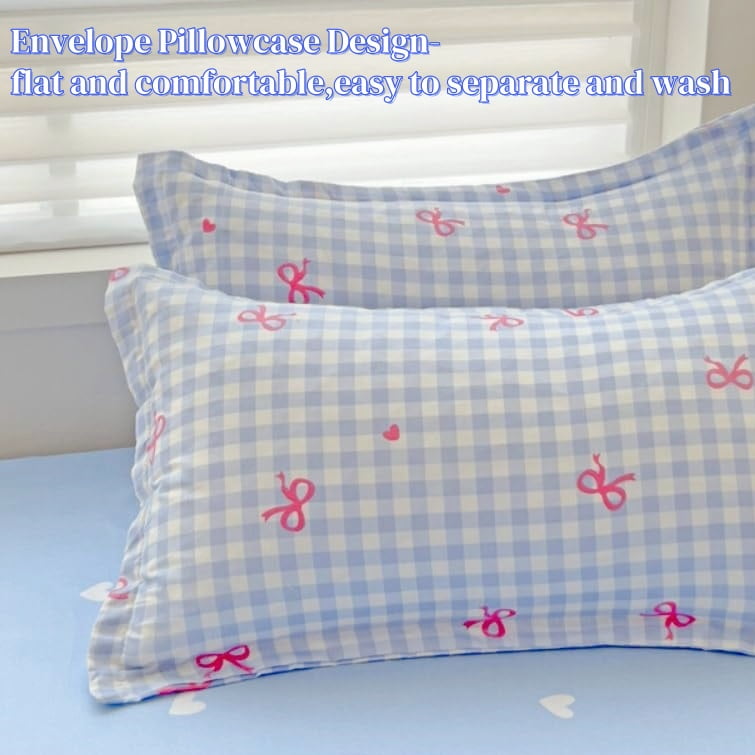 Hypoallergenic Cloud 3-Piece Blue Plaid Pink Bows Comforter Full Set , Cute Soft Bedding Set for Kids Adults - Hypoallergenic Ultra-Fluffy Quilt for Winter Detail