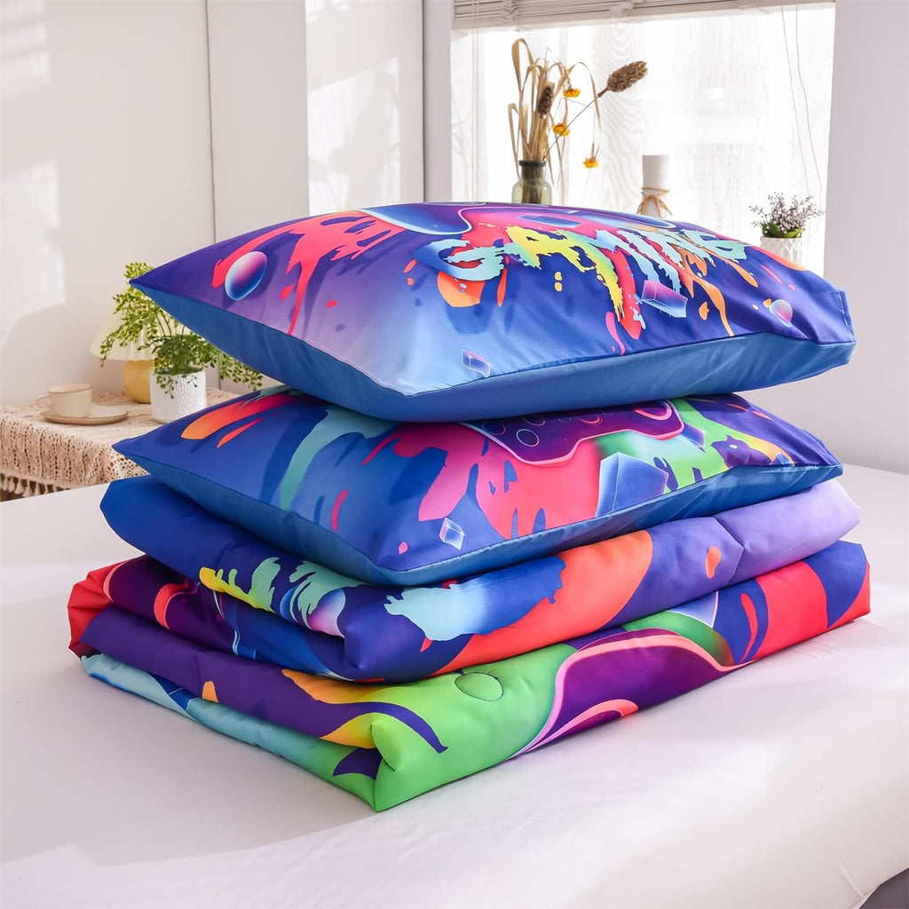 All-Season Purple Queen Gaming Comforter Sets for Boys Kids Bedding Sets Colorful Games Console Gamer Quilt Set - Cloud-Like Soft Lightweight Bed Comforter Detail