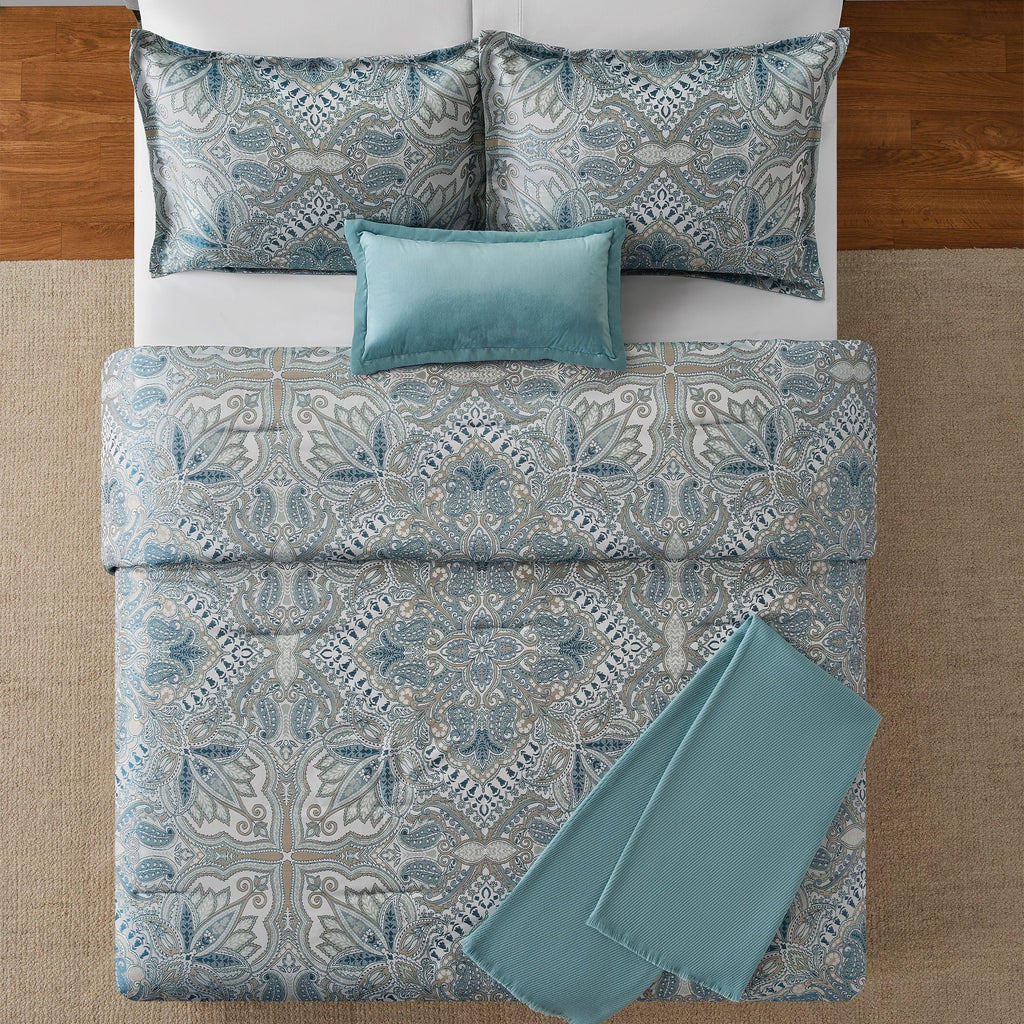 Hypoallergenic Cloud Full/Queen Comforter Set, All-Season, 5-Piece, Teal Jacquard Medallion - Hypoallergenic Ultra-Fluffy Quilt for Winter Detail