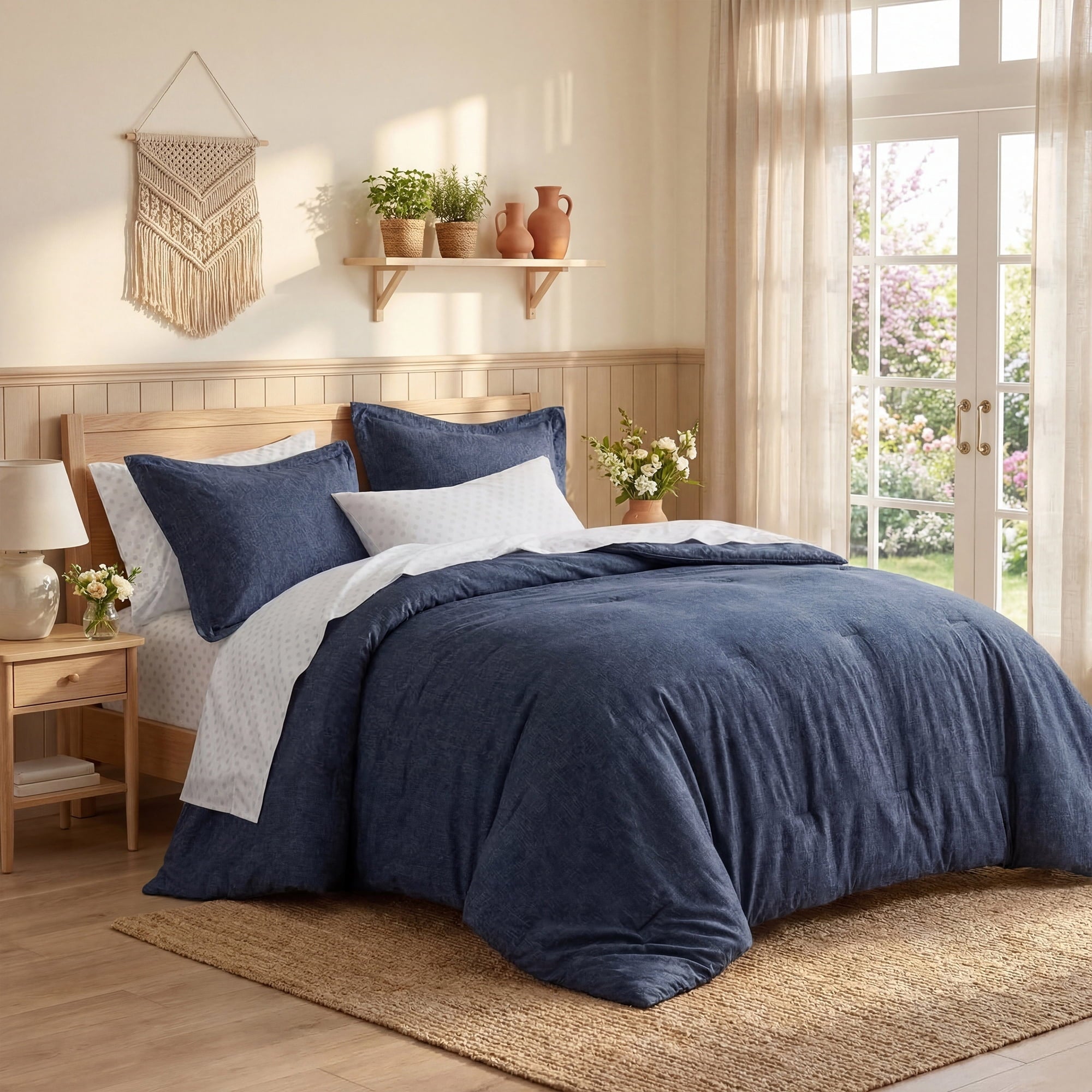 Luxurious Quilted Queen Size Comforter Set, 7-Piece Reversible Bed in a Bag with Sheets, Navy - Luxurious Quilted Duvet Cover Set Detail