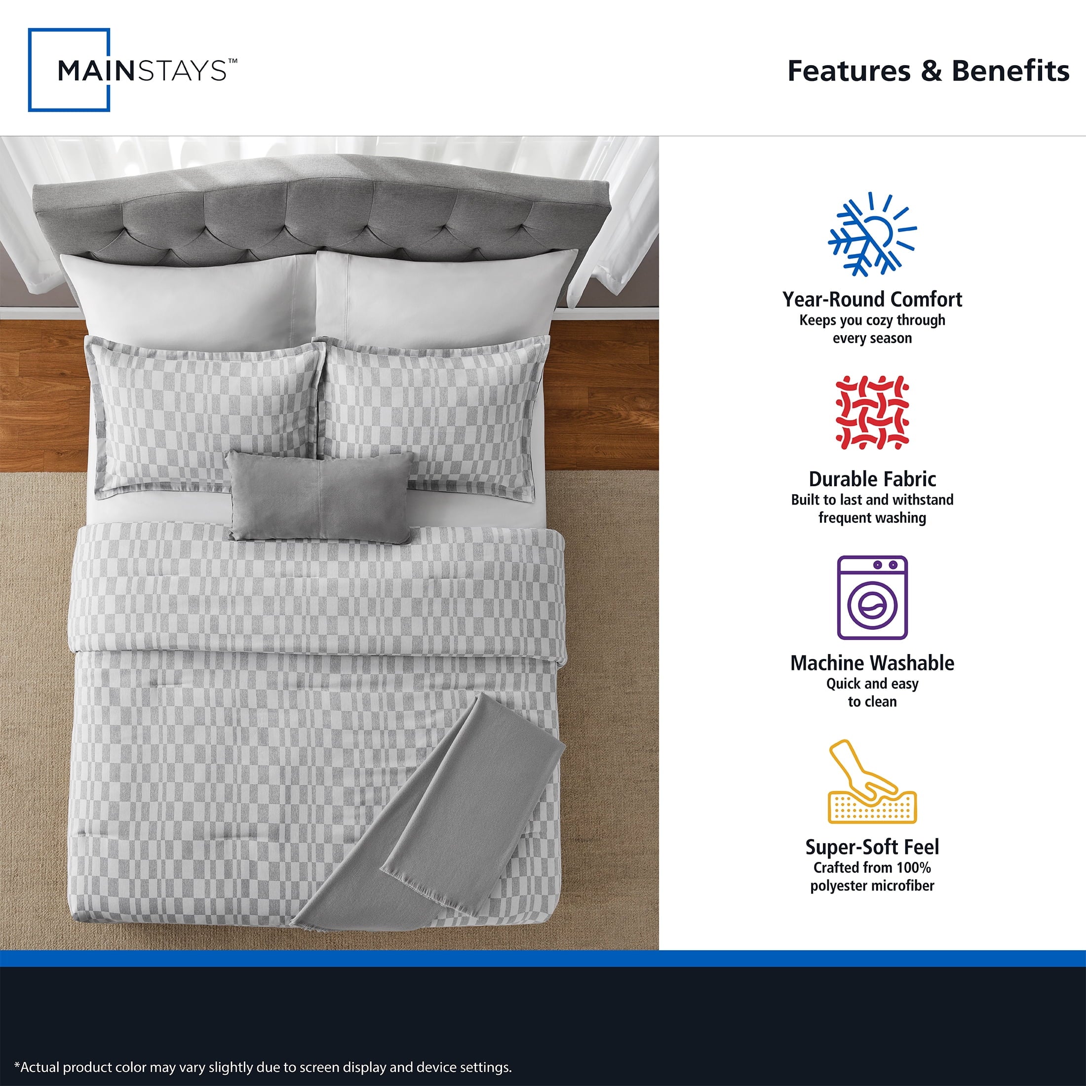 Fluffy Down Alternative Full/Queen Comforter Set, All-Season, 5-Piece, Soft Silver Check - All-Season Down Alternative Comforter Insert Detail