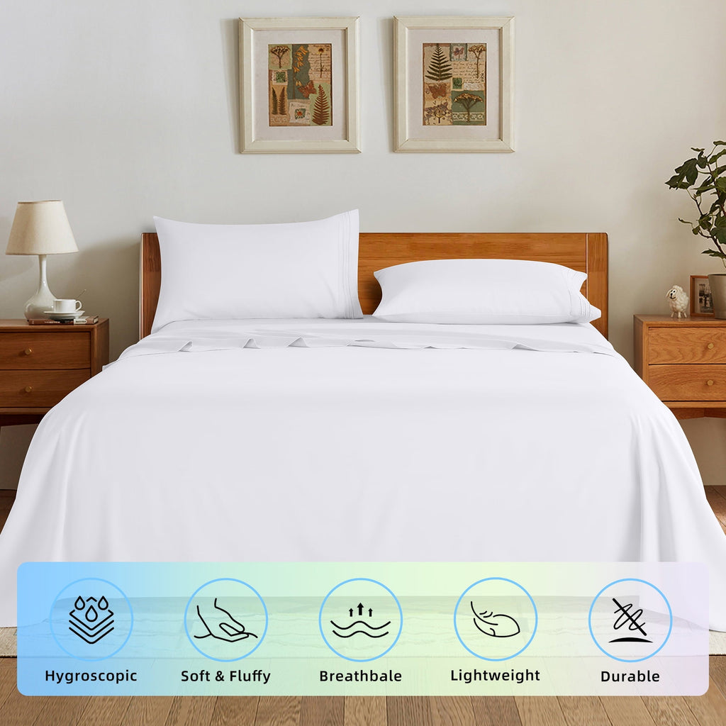 Premium Egyptian Cotton Bed Sheets Set, Microfiber Deep Pocket 4 Pieces Luxury Soft Sheet Set, Queen, White - Premium Ultra-Soft Pillowcase Pair for Sleeping Detail