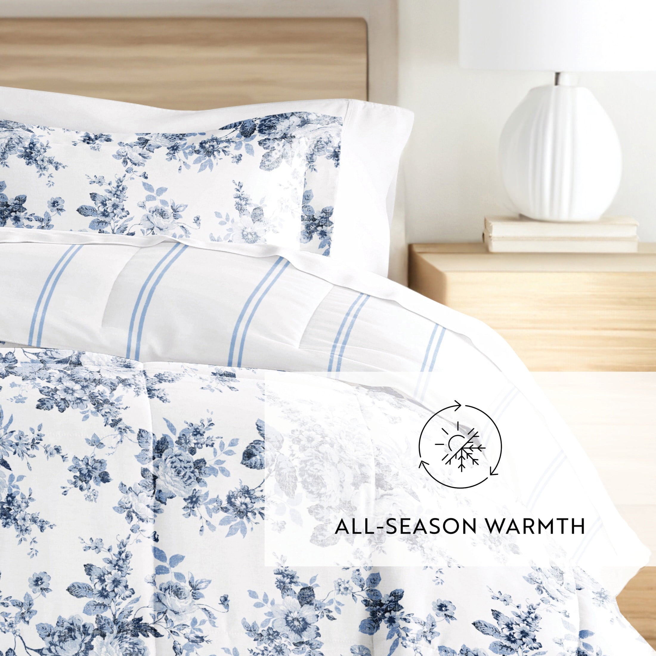 Fluffy Down Alternative Down Alternative Cabbage Rose Stripe Stone Reversible Comforter Set - Hypoallergenic Ultra-Fluffy Quilt for Winter Detail