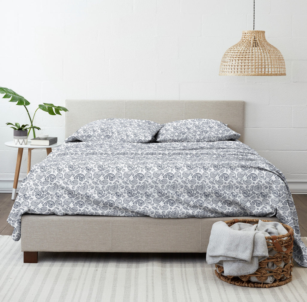 Premium Egyptian Cotton 4 Piece Pattern Microfiber Bed Sheets Set, Navy Coarse Paisley, Full - Luxury Bed Sheet Set with Deep Pockets Detail