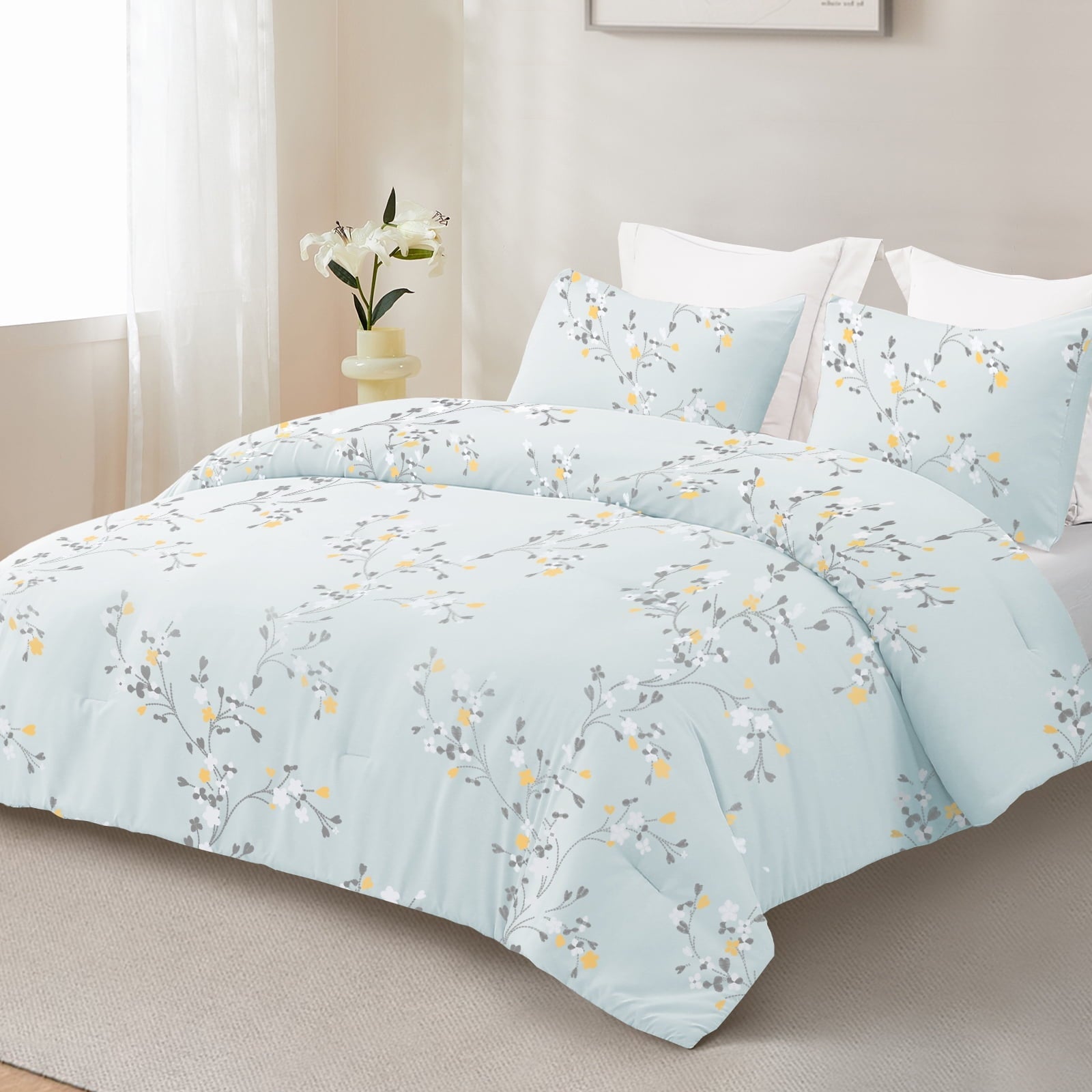 Hypoallergenic Cloud 3-Piece Floral King Size Comforter Set, Microfiber Bedding Down Alternative Comforter for All Seasons with 2 Pillow S... - Hypoallergenic Ultra-Fluffy Quilt for Winter Detail