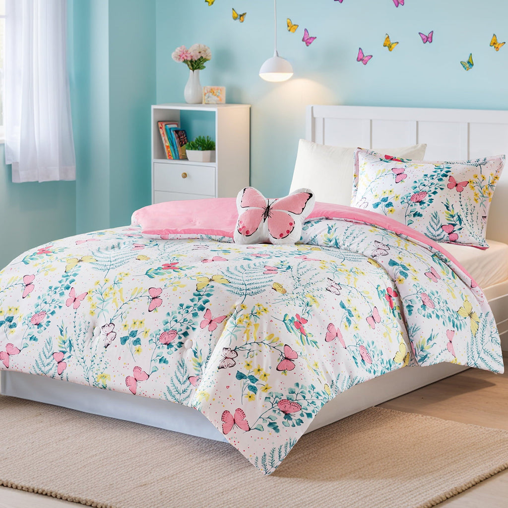 All-Season Full/Queen Size Comforter Sets, 4-Piece Kids Bedding Set for Girls, Butterfly Floral Comforter Bed Set, White/Pink - Luxurious Quilted Duvet Cover Set Detail