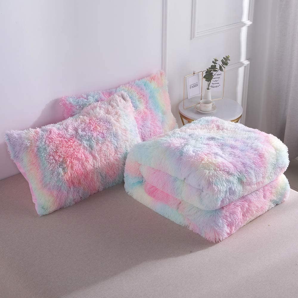 Luxurious Quilted Plush Shaggy Comforter Set Fluffy Fuzzy Faux Fur Bedding Set - Microfiber Soft Warm Quilt Set(Rainbow Pink,Queen Size) - All-Season Down Alternative Comforter Insert Detail