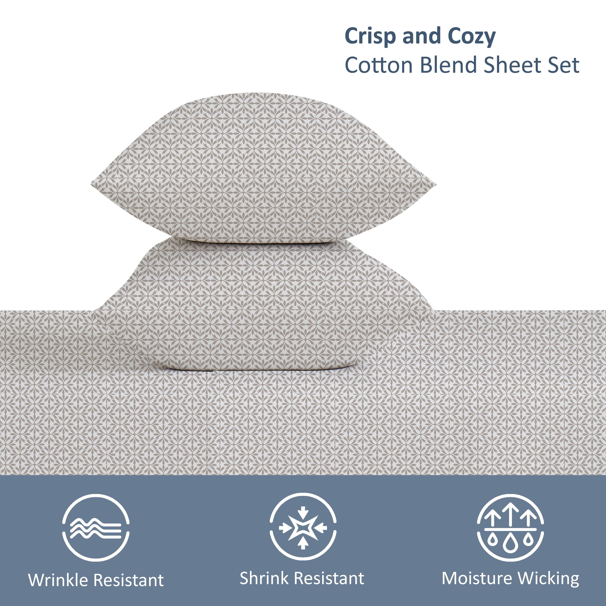 Cooling Sateen 3-Piece 300 Thread Count Grey Flake Cotton Blend Bed Sheet Set, Twin XL - Cooling Hotel Quality Bedding Sheets and Pillowcases Detail