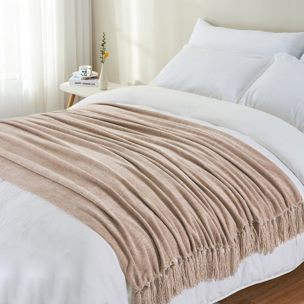 Lightweight Warm Chenille Throw Blanket with Fringe Tassel for Couch Sofa Chair Bed, Taupe 50" X 60" - Luxury Knitted Decorative Throw Blanket with Fringes Detail